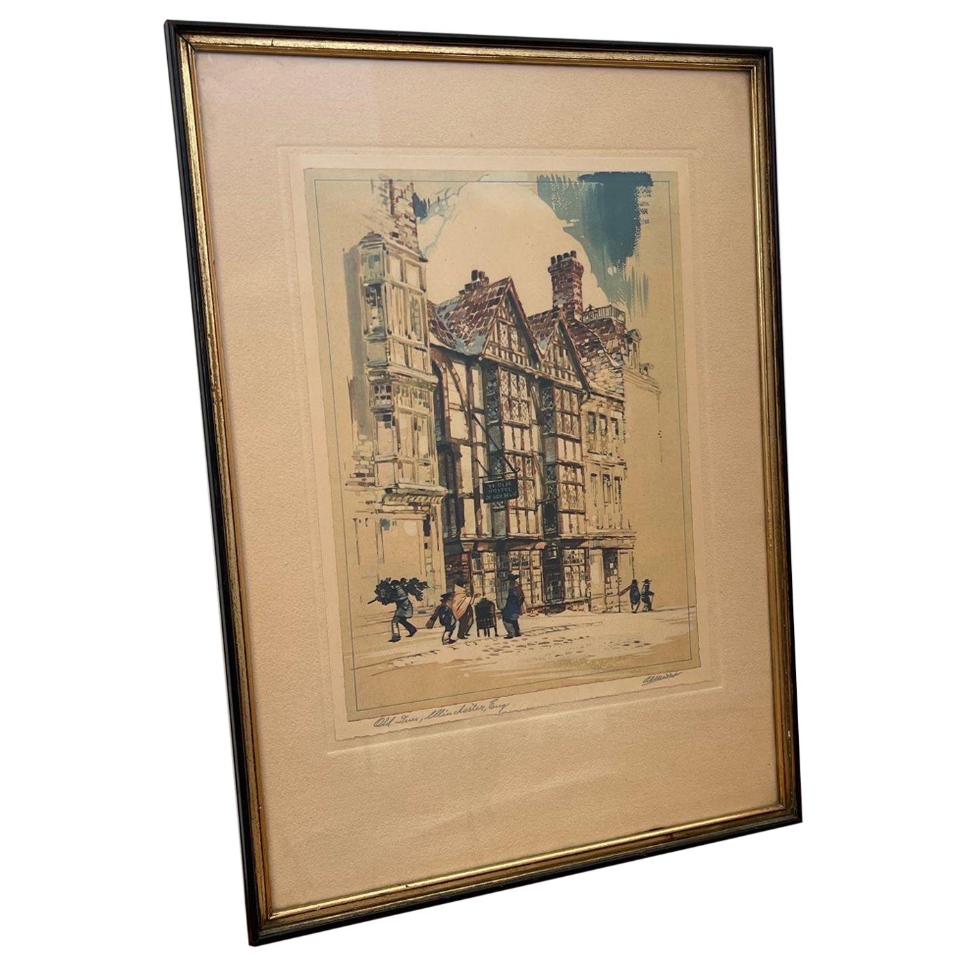 Vintage Signed a.f Mettel Litho Print England Street Scene Ye Olde Hostel. For Sale