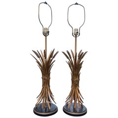 Retro Hollywood Regency Wheat Sheaf Gilt Tole Table Lamps, a Pair