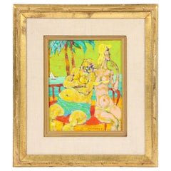 Vintage Harry Sternberg Abstract Semi-Nude Oil Painting Of Poolside Couple 