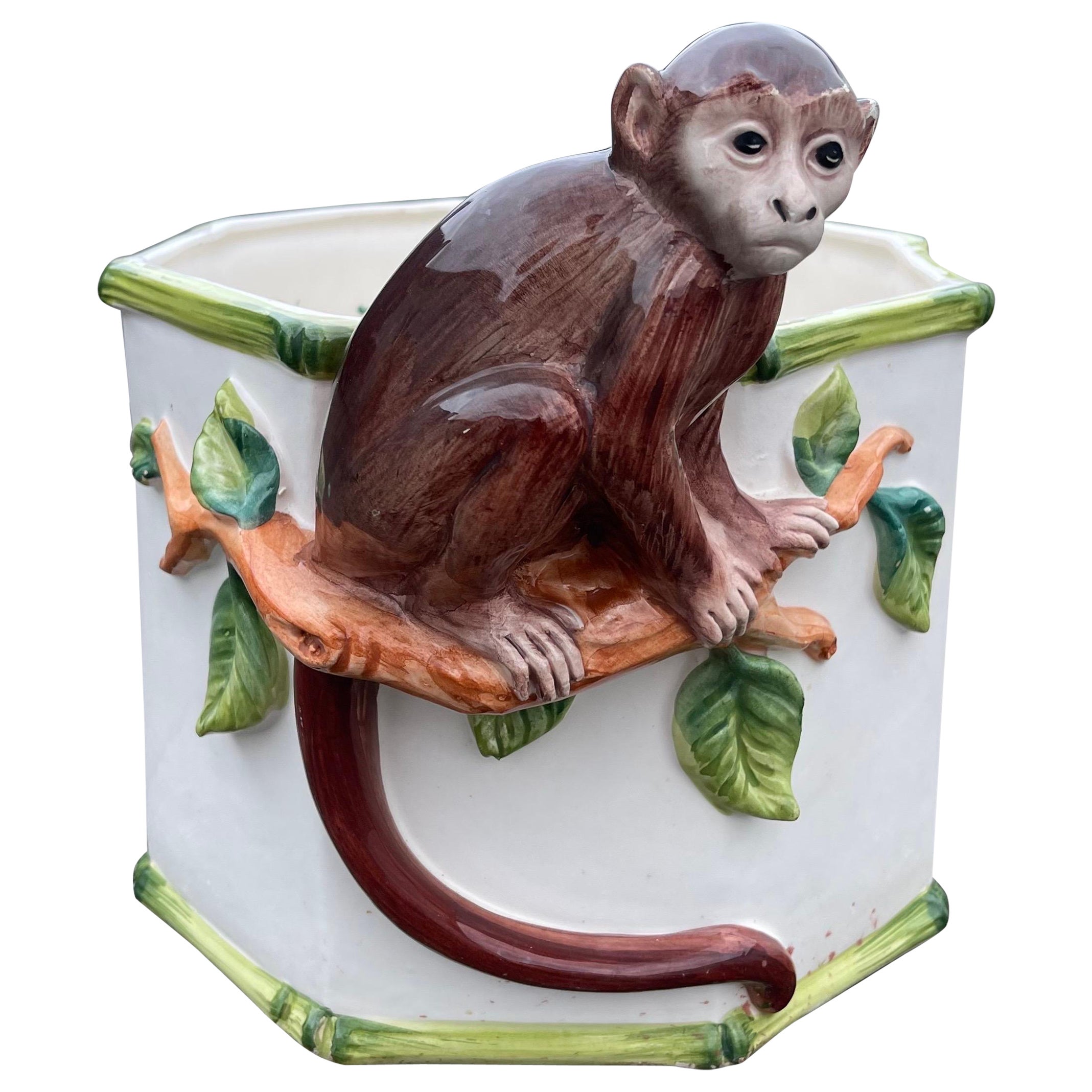 Grosselle Italy Hand Painted Ceramic Monkey Cachepot Vase Pot, Faux Bamboo For Sale