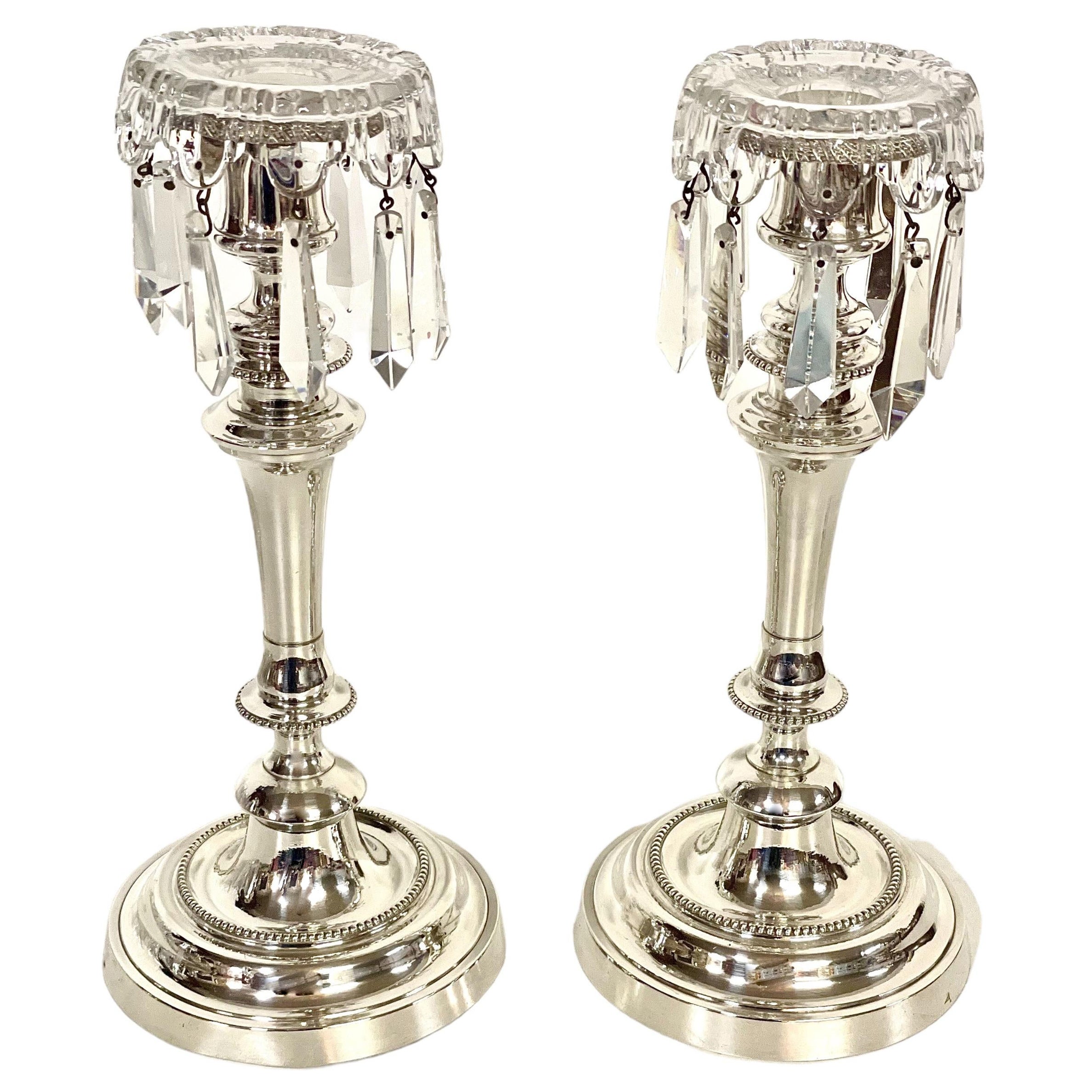 Louis XVI Style Pair of Silver Plated and Crystal Candle Holders by Morlot For Sale