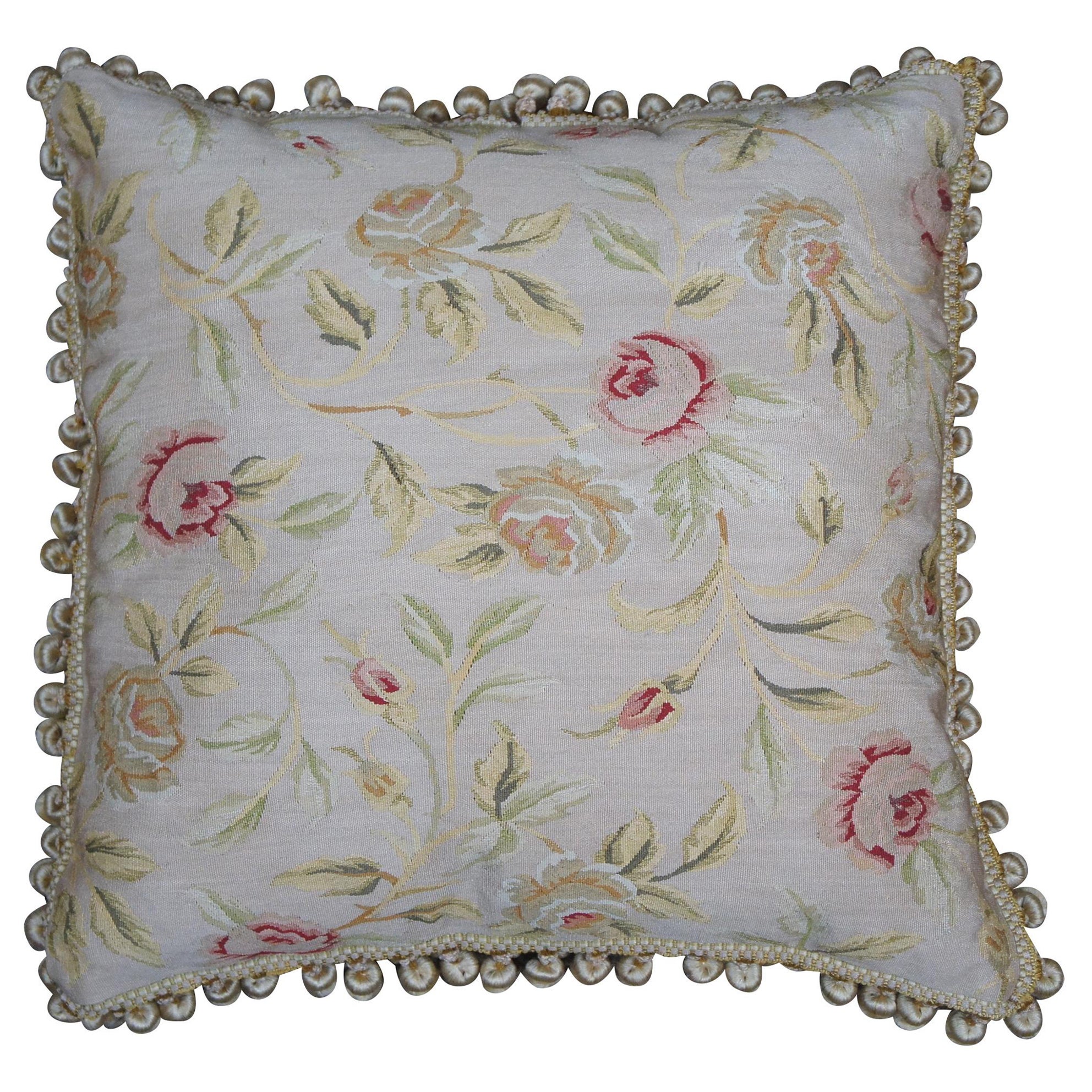 Silk Embroidered Floral Rose Down Filled Lumbar Throw Pillow w Tassels 22"
