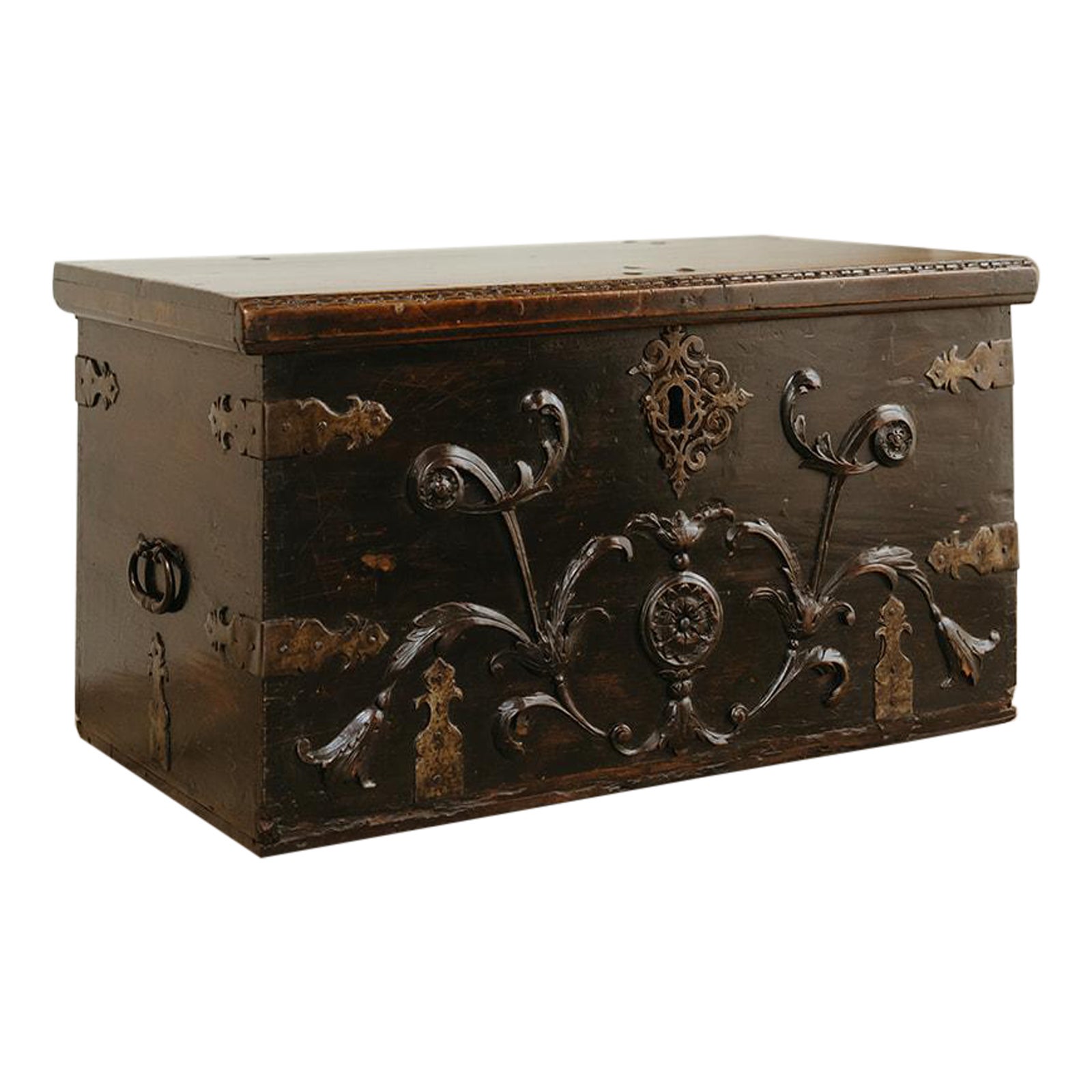 18th century Spanish fruitwood/metal trunk ...  For Sale