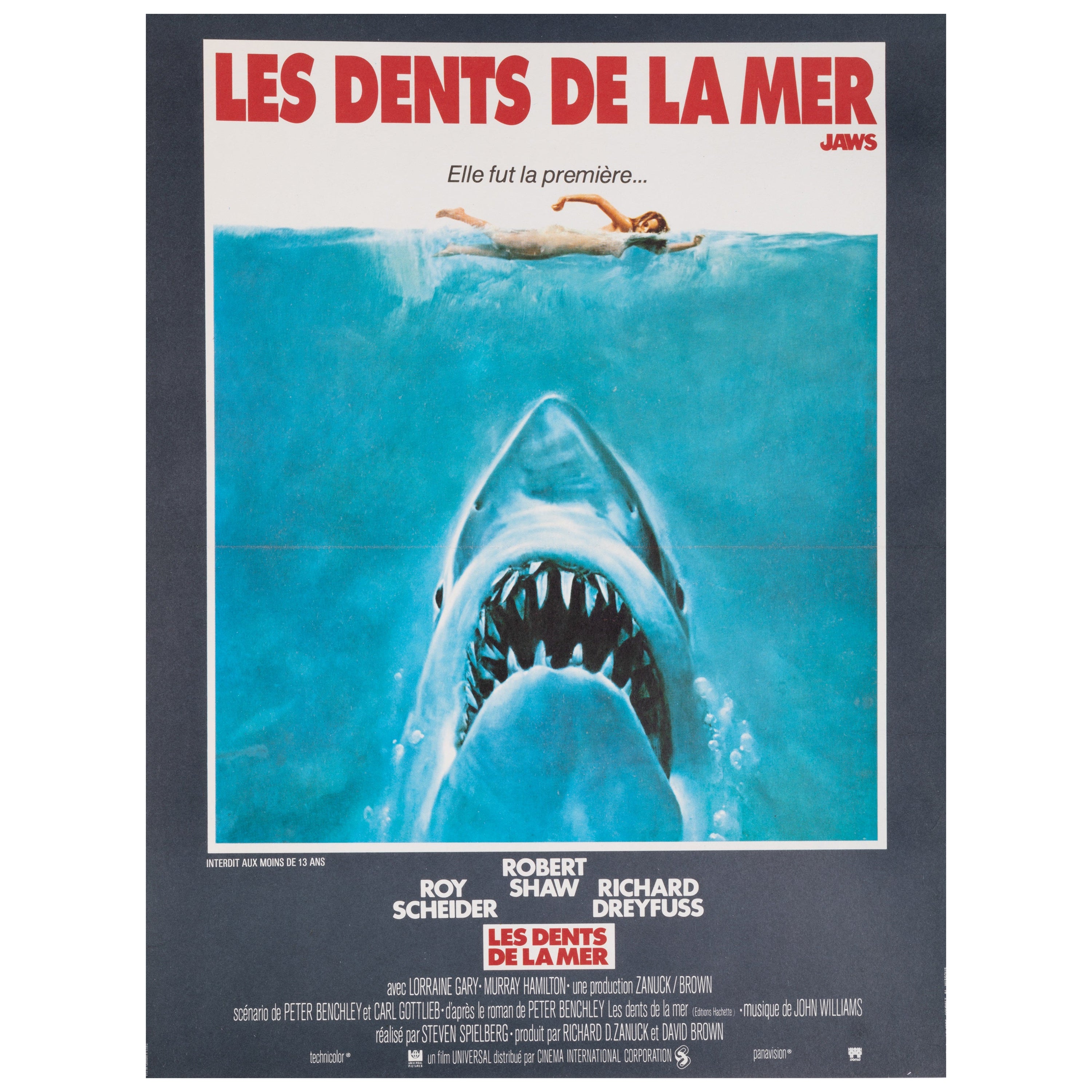 Kastel Original Horror Movie Poster, Jaws, Spielberg, Shark, Swimmer Cinema 1975 For Sale
