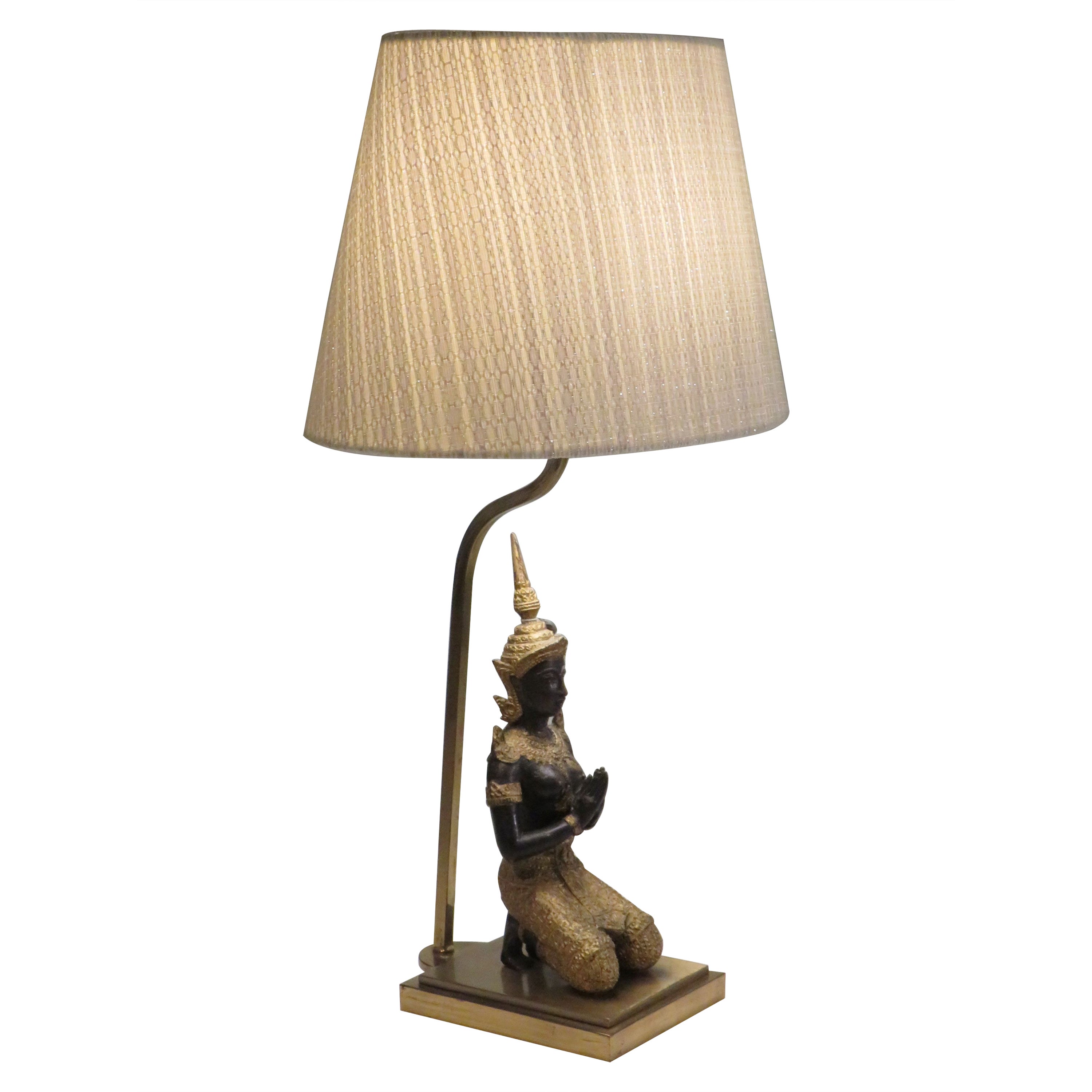 Bronze Buddha table lamp with oval lampshade, 1960-1970
