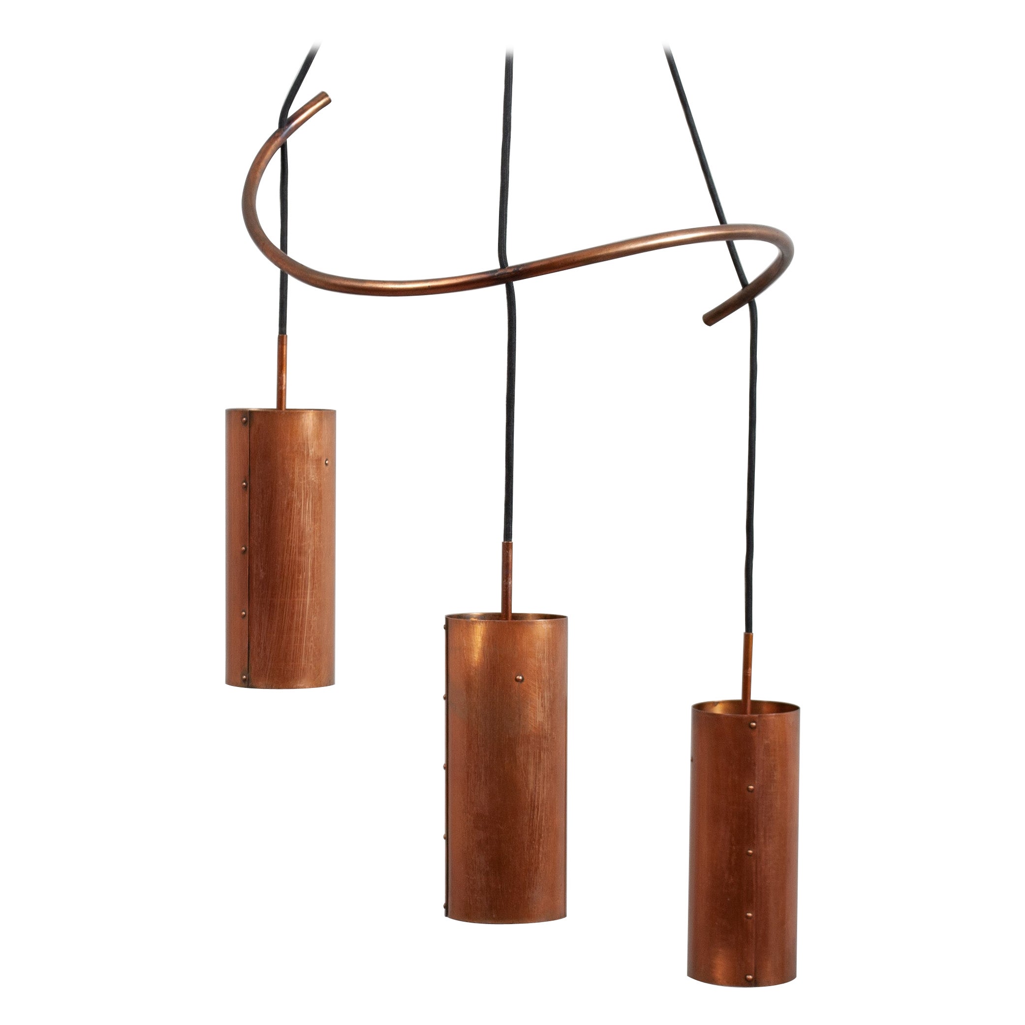 Modernist Copper Triple Drop Pendant Light For Sale