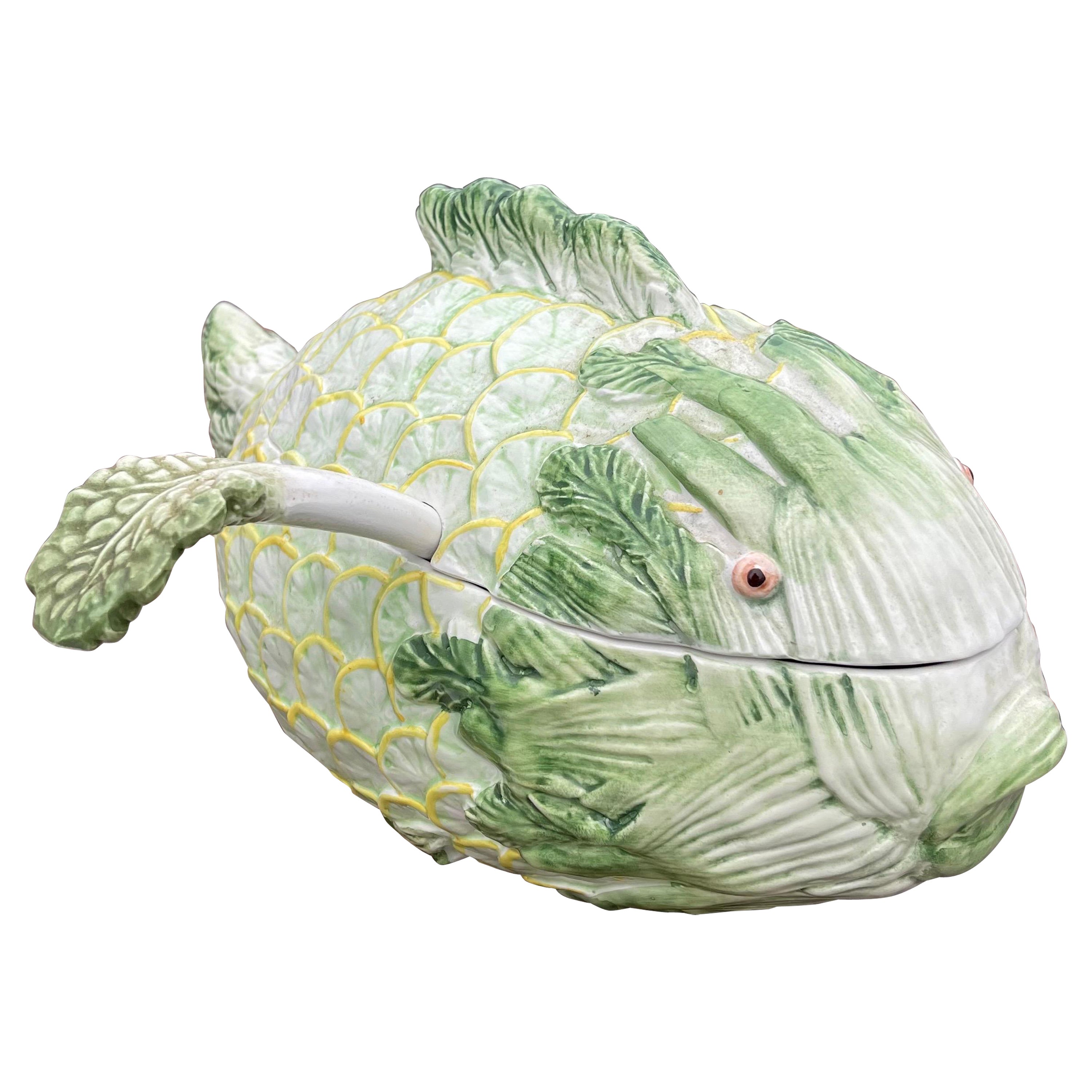 Italian Majolica Vegetable Fish Form Glazed Ceramic Soup Tureen For Sale
