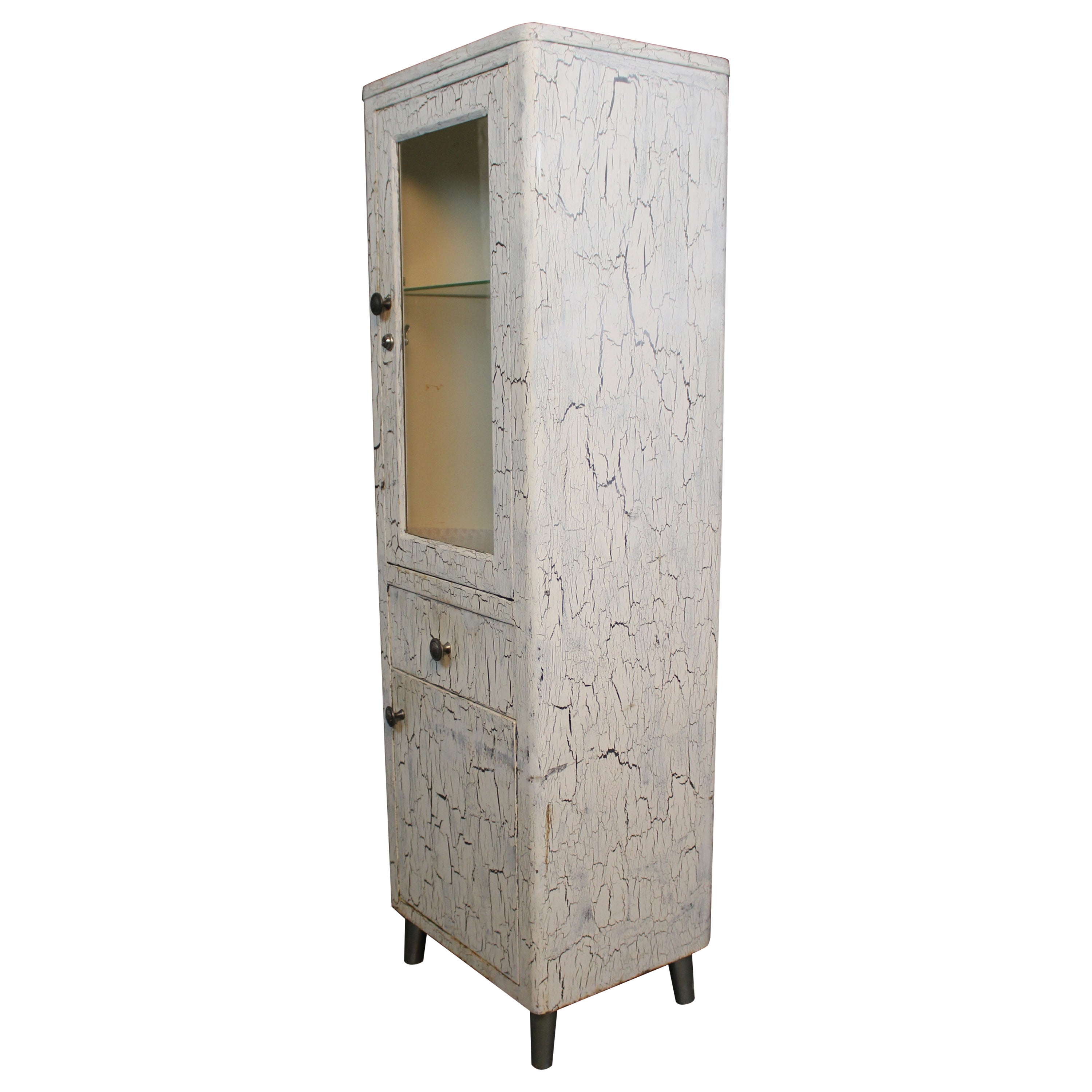 Antique One-of-a-Kind Distressed White Metal Medical Cabinet For Sale