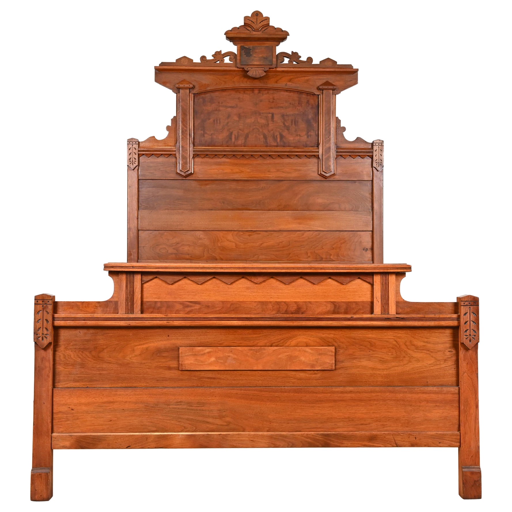 Antique Monumental Eastlake Victorian Carved Burled Walnut Full Size Bed, 1880s For Sale