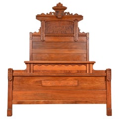 Used Monumental Eastlake Victorian Carved Burled Walnut Full Size Bed, 1880s