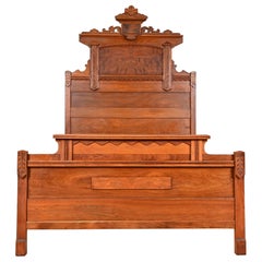 Retro Monumental Eastlake Victorian Carved Burled Walnut Full Size Bed, 1880s