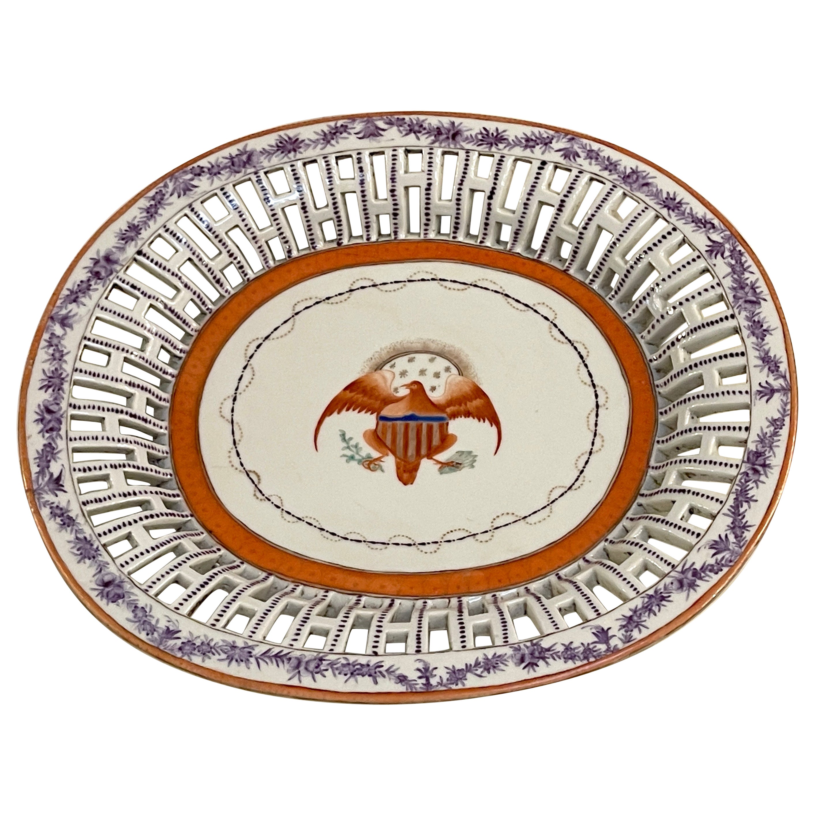 American Market Chinese Export Eagle Armorial Porcelain Oval Reticulated Tray For Sale