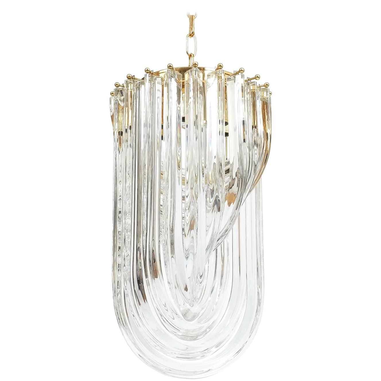 One of Three Venini Curved Crystal Glass Gilt Brass Chandelier For Sale