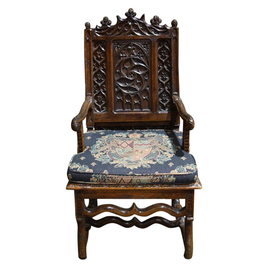 Antique French Louis XIII Highly Carved Oak Armchair Early 18th Century For Sale