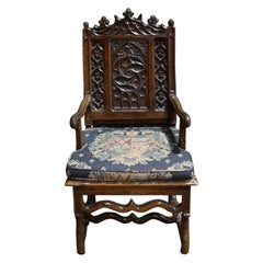 Antique French Louis XIII Highly Carved Oak Armchair Early 18th Century