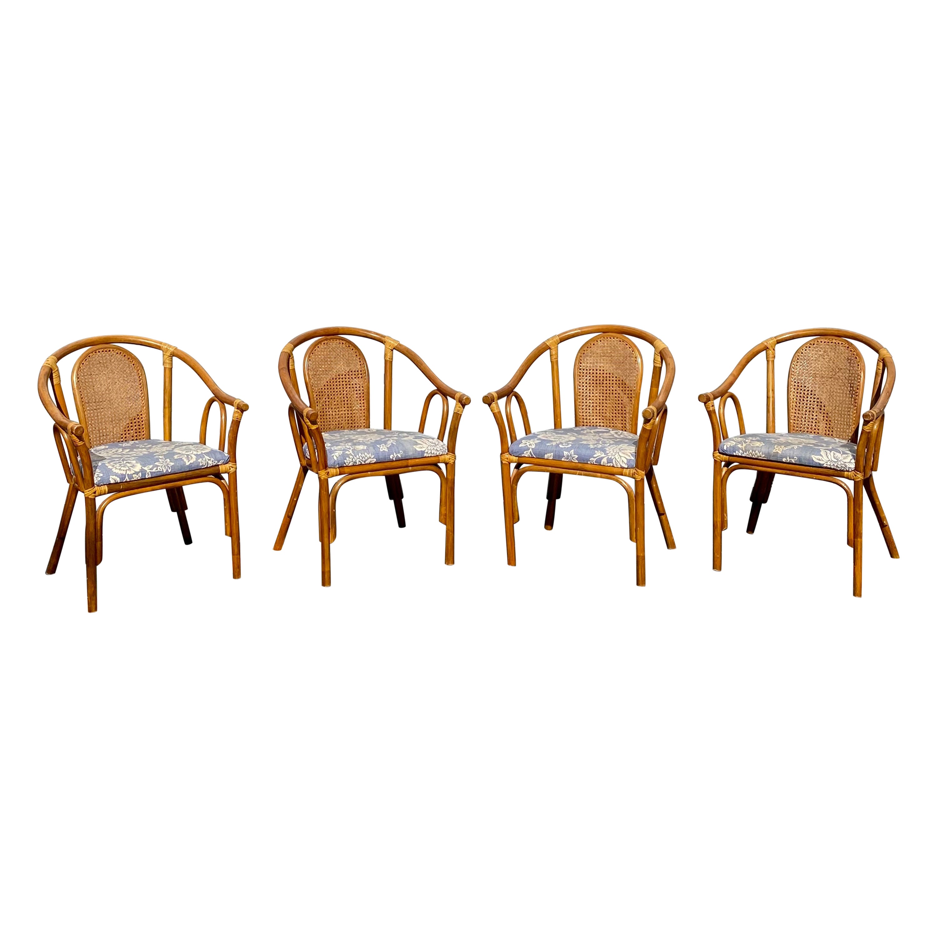 1970s Rattan Cane Barrel Blue and White Dining Chairs, Set of 5 For Sale