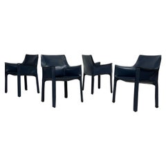 Used Four Blue Leather Cab Arm Chairs by Mario Bellini 