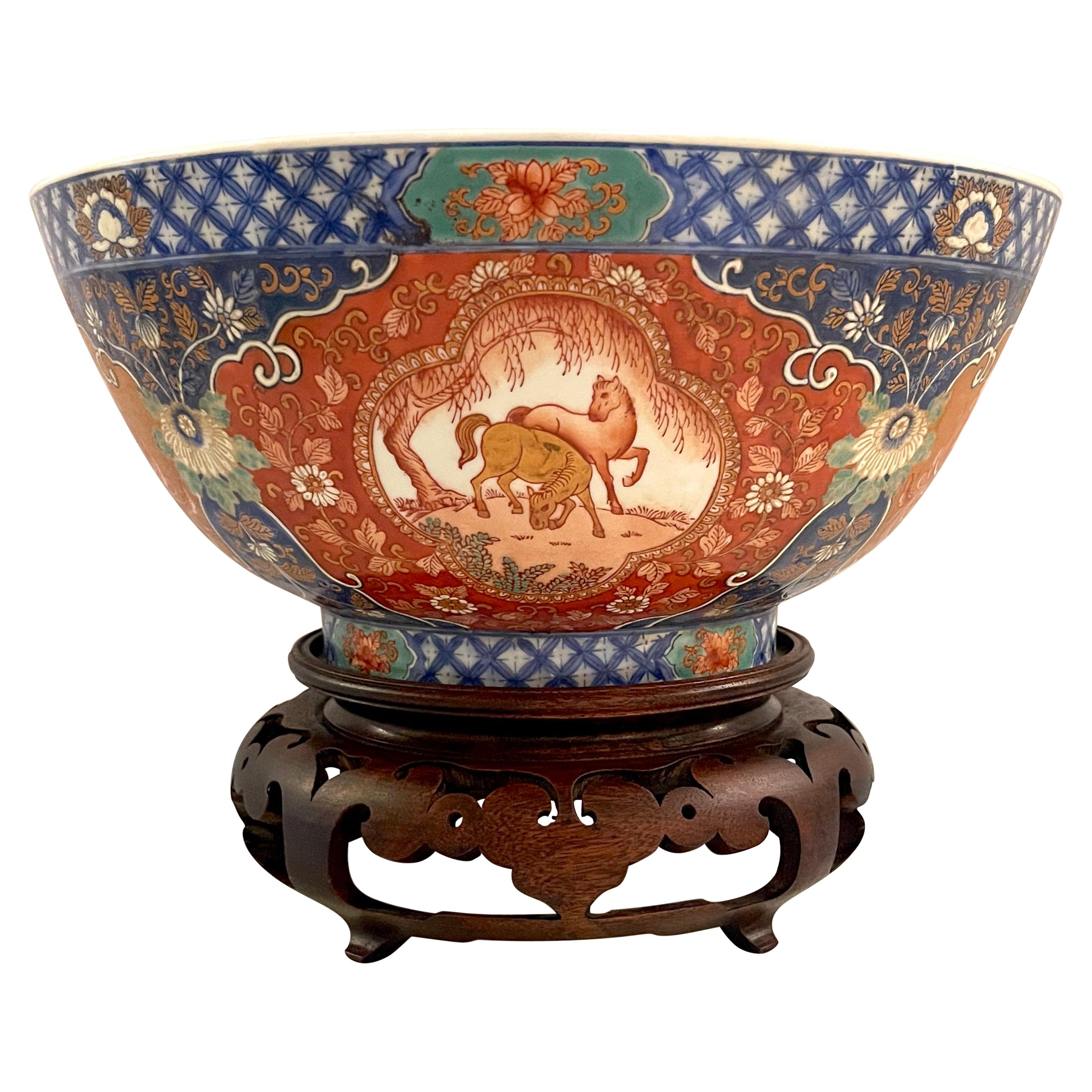Japanese Fukagawa 深川製磁  Imari Equestrian/ Horse Motif Center Bowl & Stand