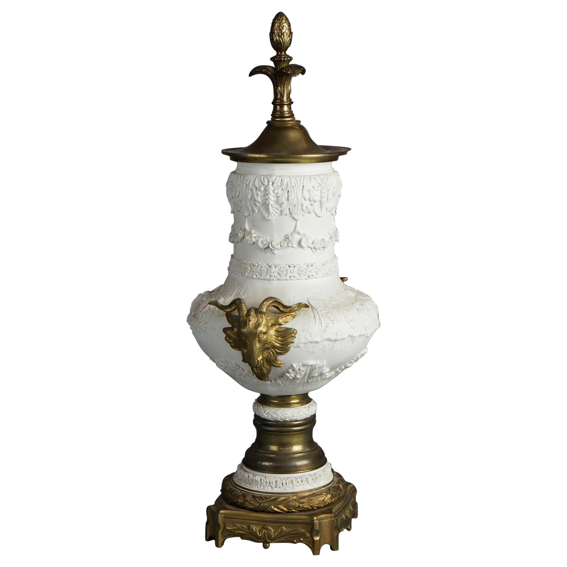 Antique Sevres Figural Neoclassical Bisque Urn with Bronze Satyr Mounts C1890 For Sale