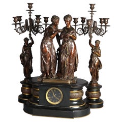 Antique Renaissance Revival Figural Slate Clock & Bronzed Torchers Signed Dubois