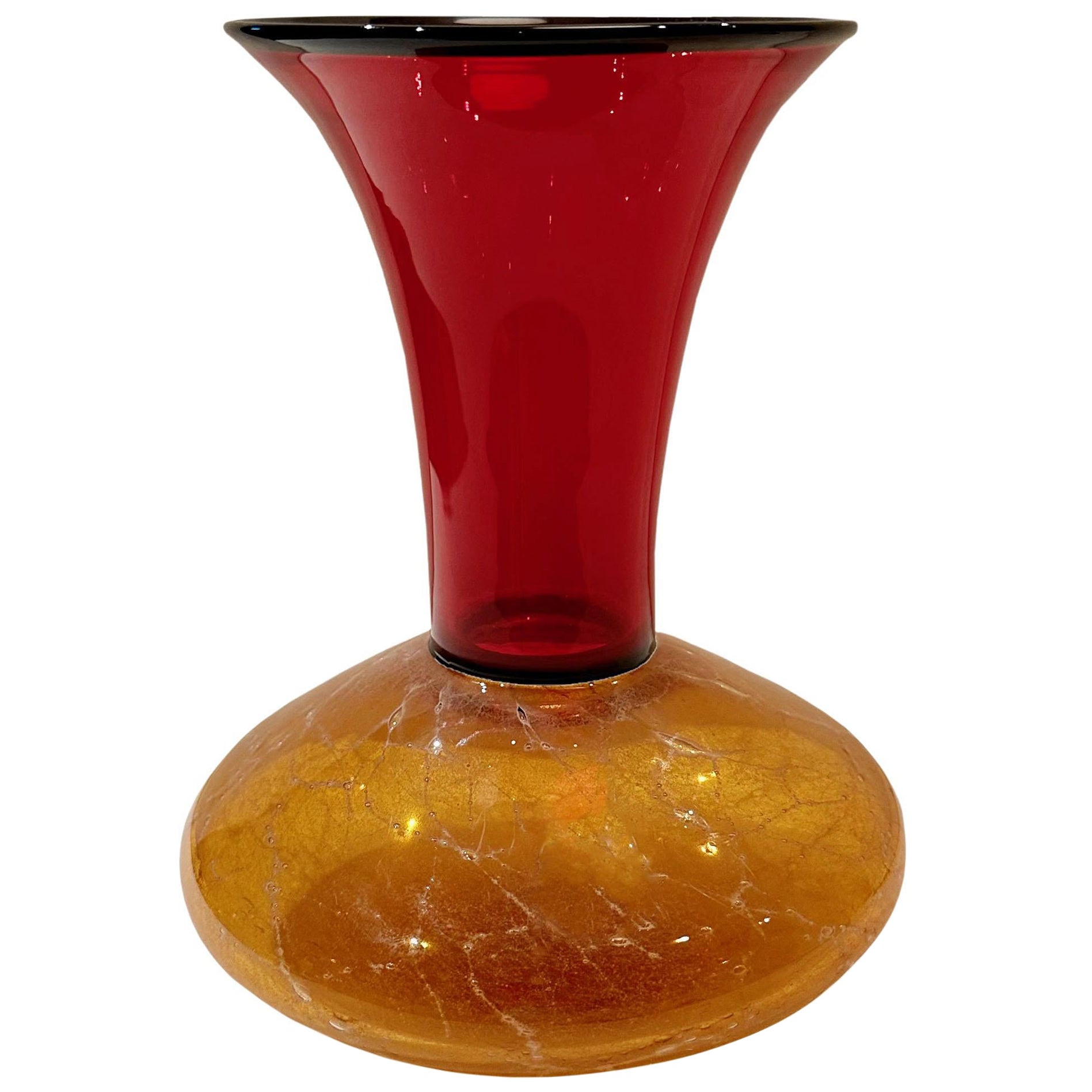 Vintage Red And Yellow Art Glass Vase American Artist  For Sale