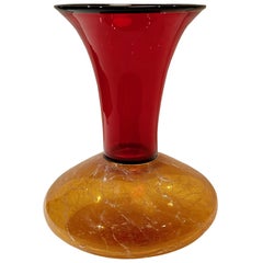 Vase d'artiste américain en verre d'art rouge et jaune 