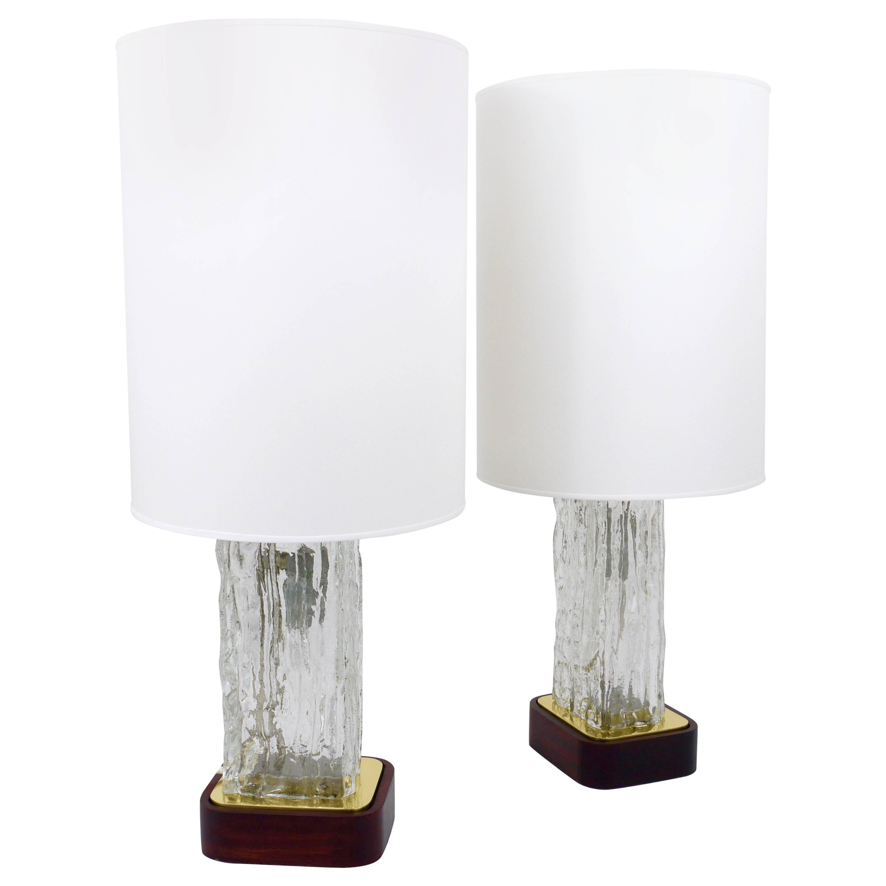 Pair Large J.T. Kalmar Ice Glass Table Lamps „Frankenberg" w. Illuminated Base