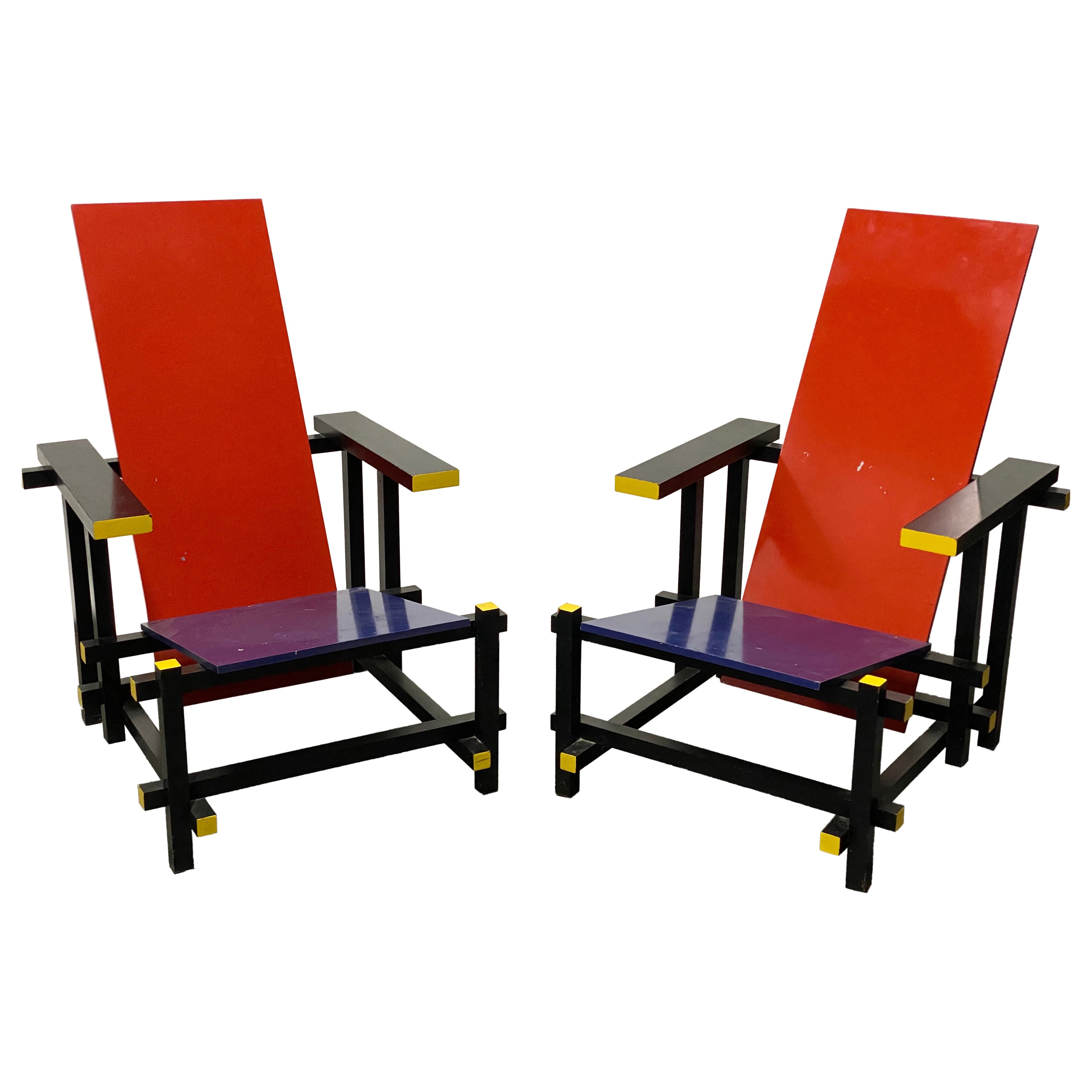 Gerrit Rietveld Red and Blue Lounge Chairs, A Pair For Sale