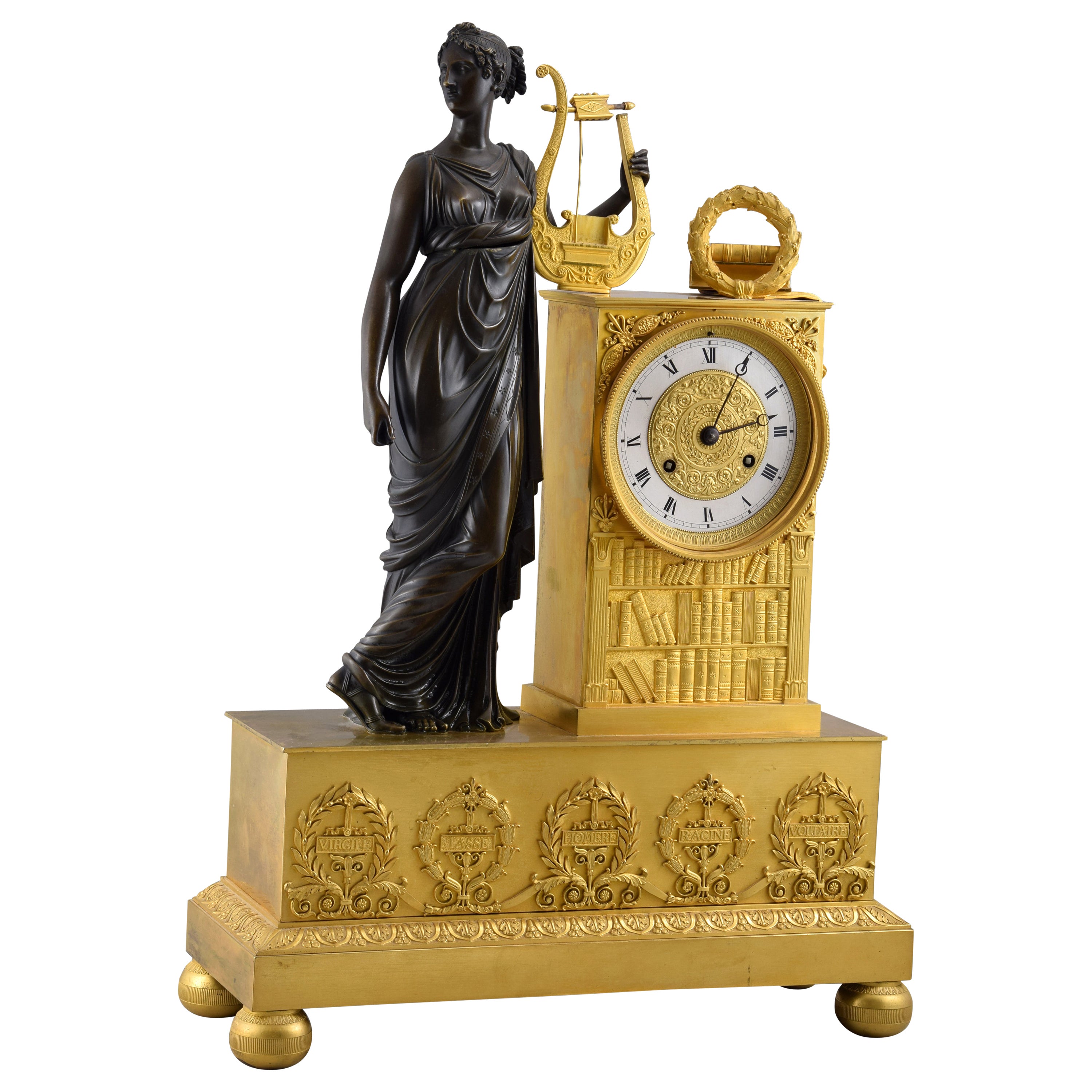Table clock with Muse and writers. Bronze, Paris movement. France, 19th century. For Sale