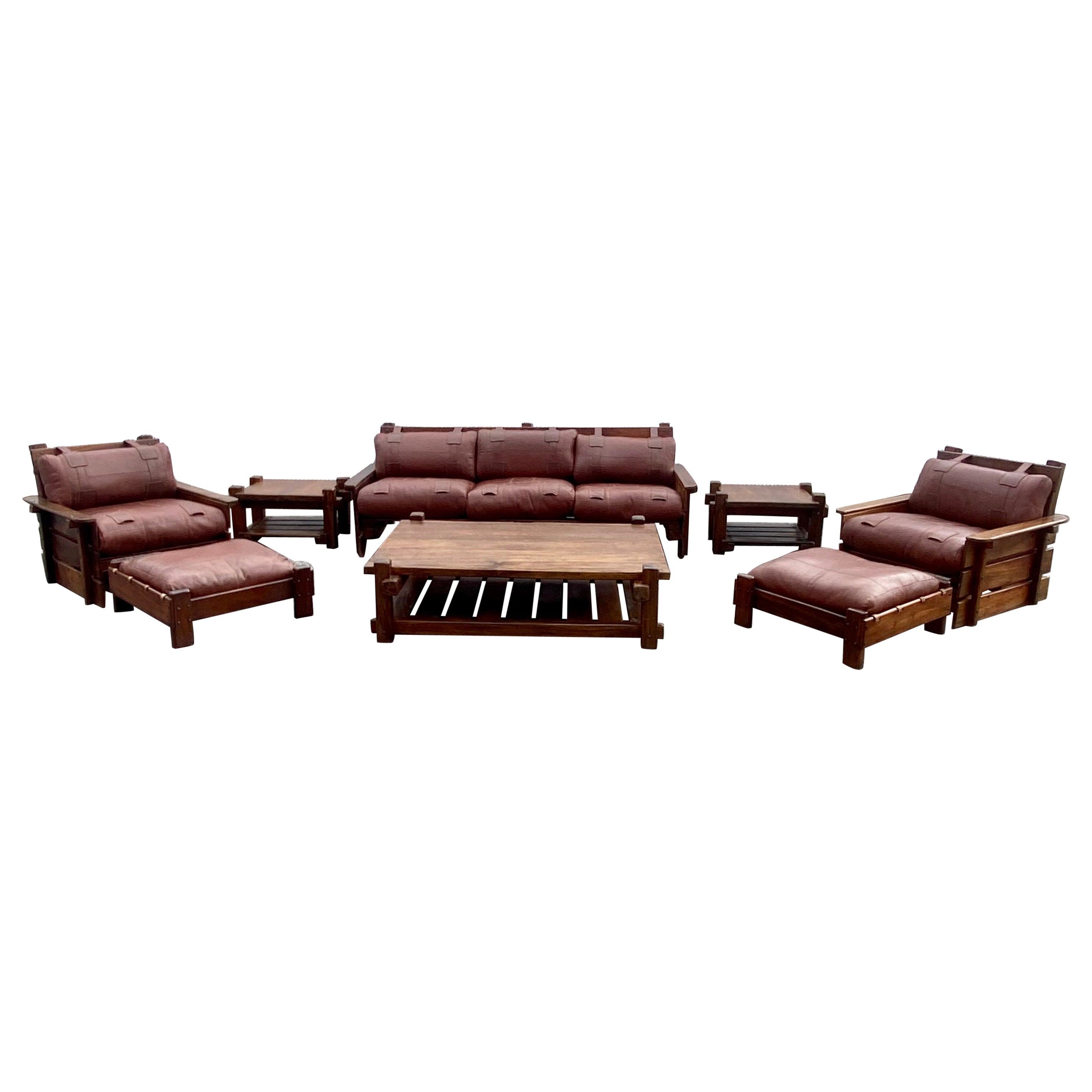 1930s Rustic Pine Saddle Leather Sling Living Room Suite, Set of 8