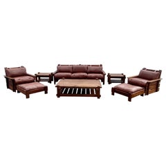 Vintage 1930s Rustic Pine Saddle Leather Sling Living Room Suite, Set of 8