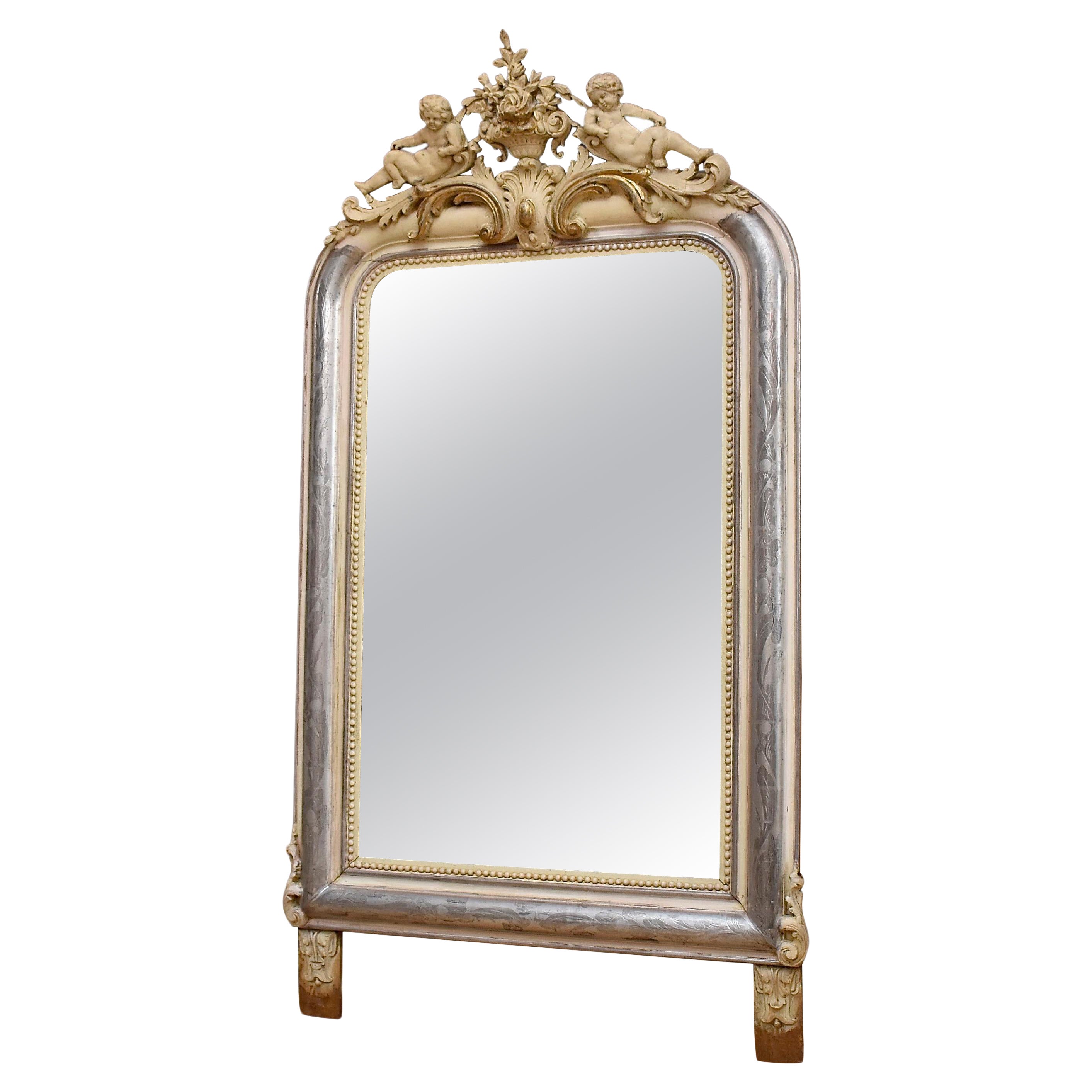 19th century silver leaf gilt mirror Louis Philipe with putti For Sale