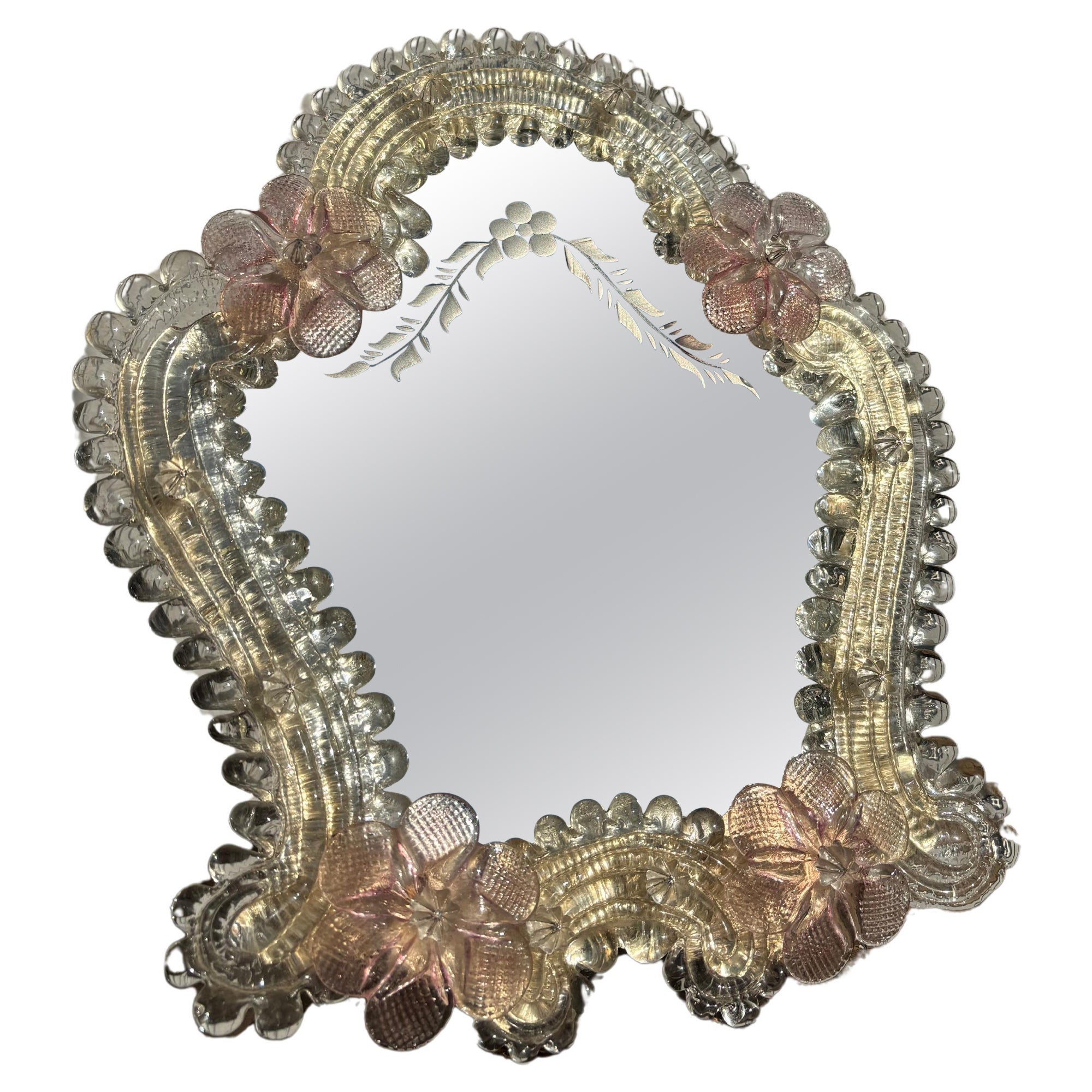 Italian Murano Art Glass Pink Floral Mirror, 1950s For Sale
