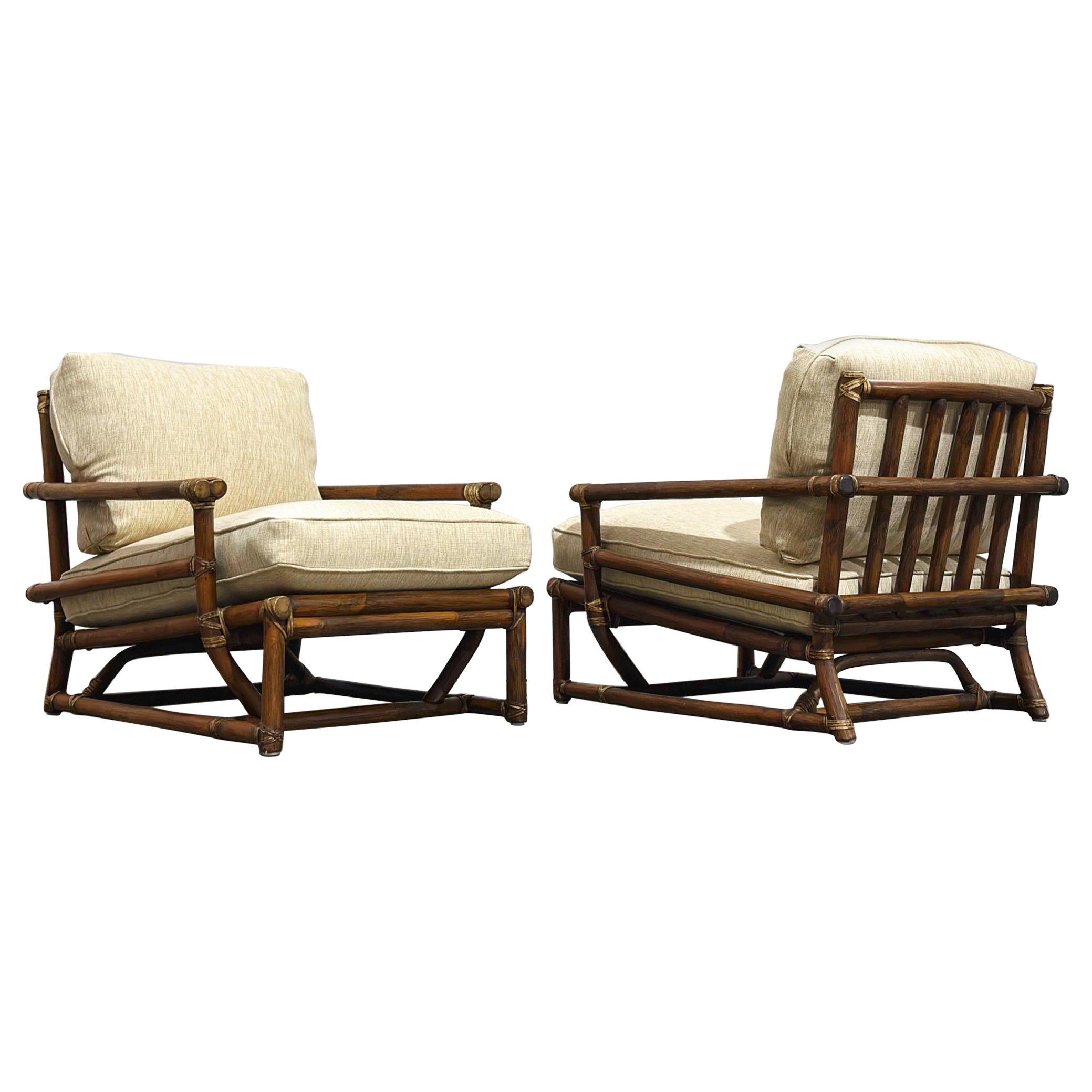 Pair McGuire Midcentury Organic Modern Oversized Rattan Leather Lounge Chairs
