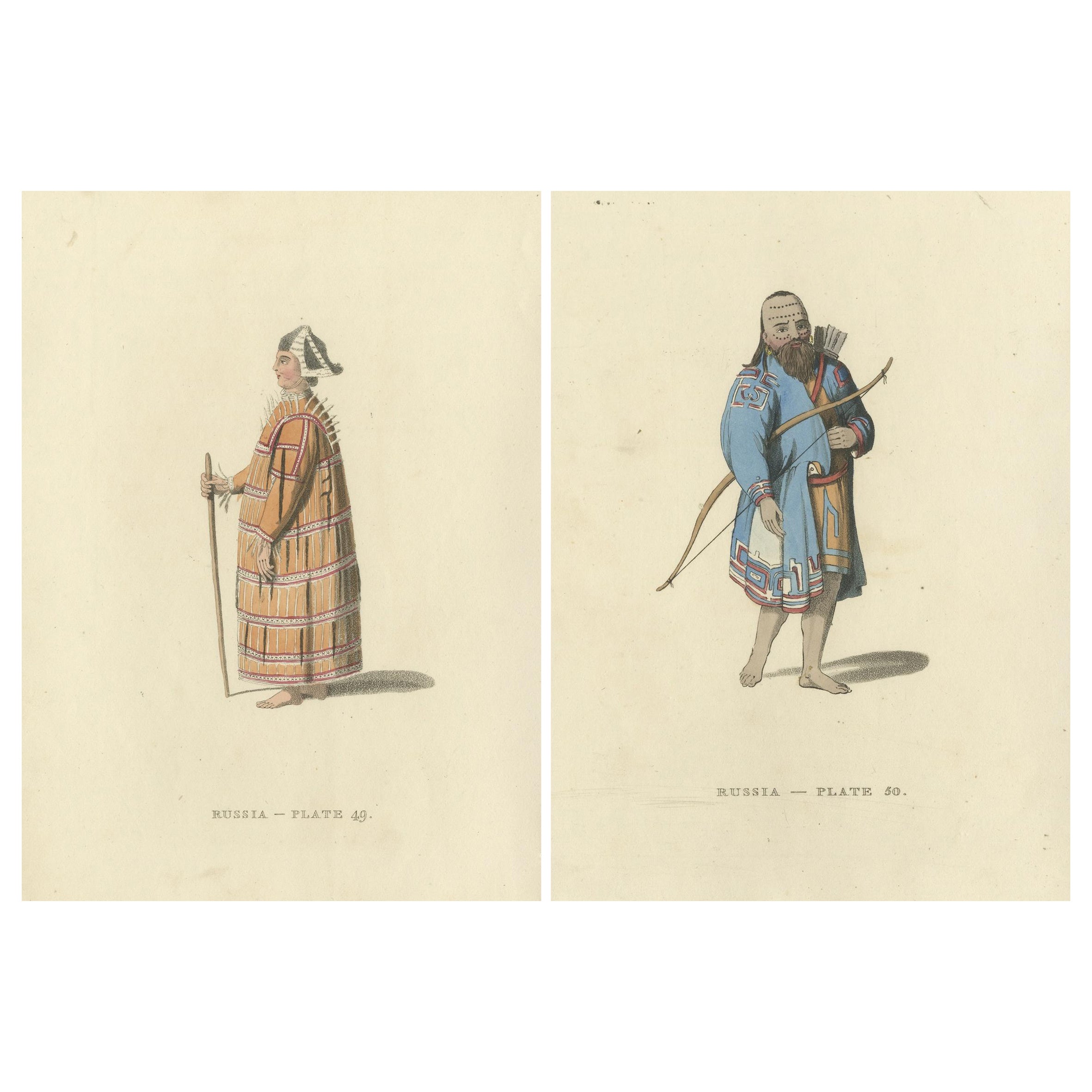 Gravure colorée à la main d'une tenue traditionnelle aleutienne et Kurilienne, 1814 en vente