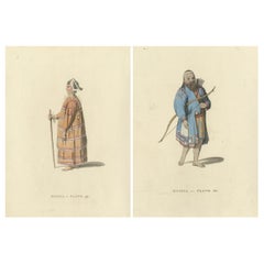 Hand-Colored Engraving of Aleutian and Kurilian Traditional Attire, 1814