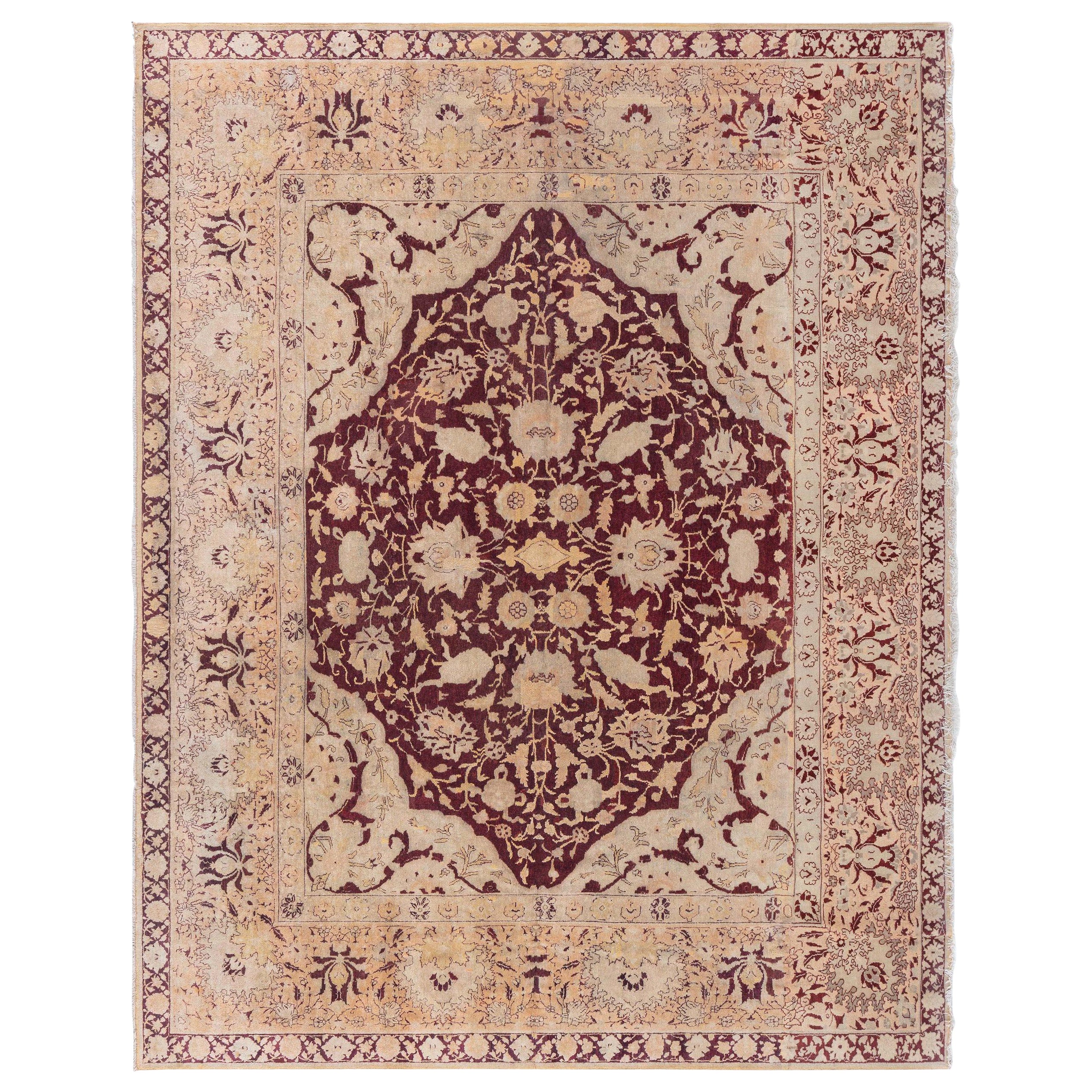 Antique Indian Amritsar Red and Beige Wool Carpet