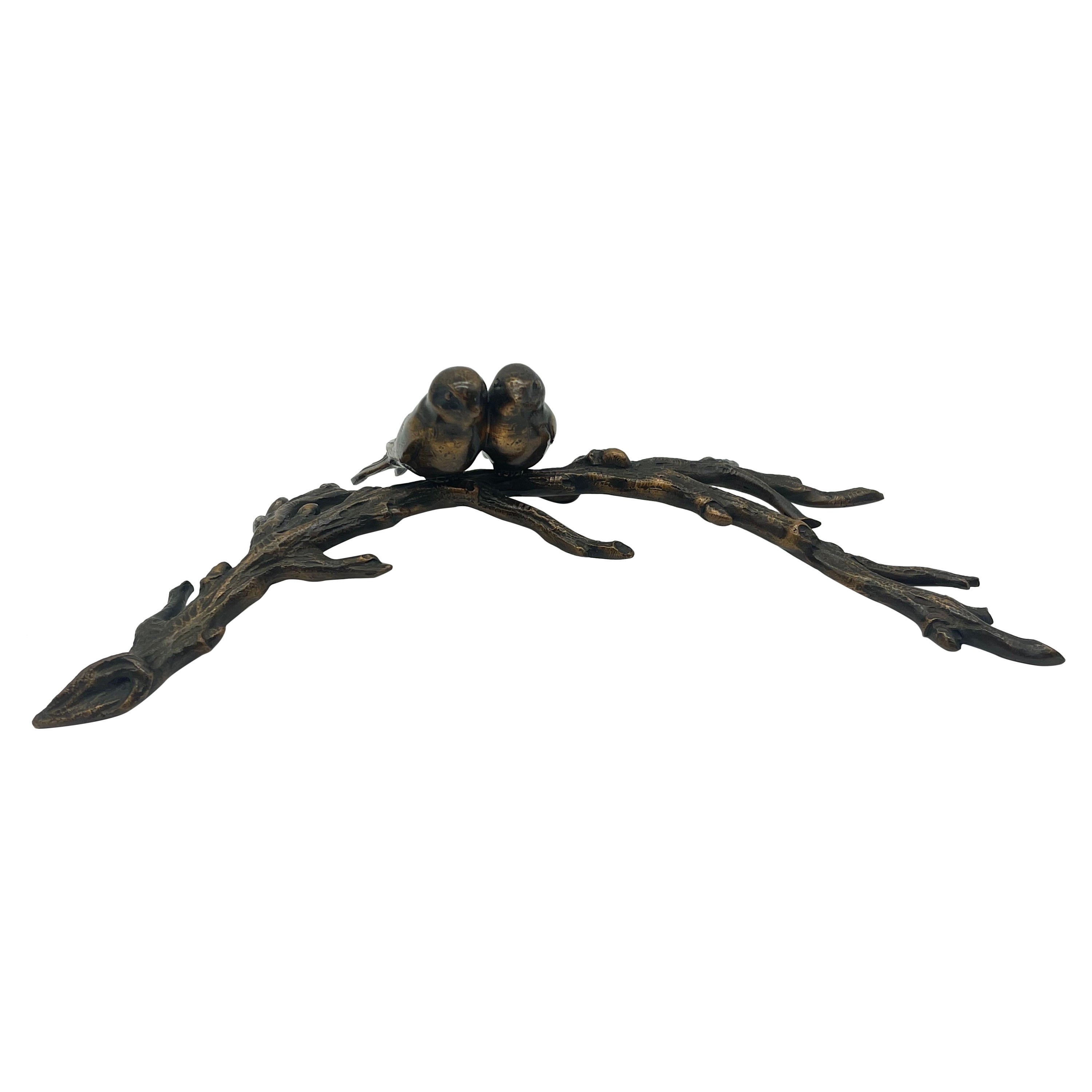 2 birds sitting on a branch Bronze Sculpture / Figure probably Germany