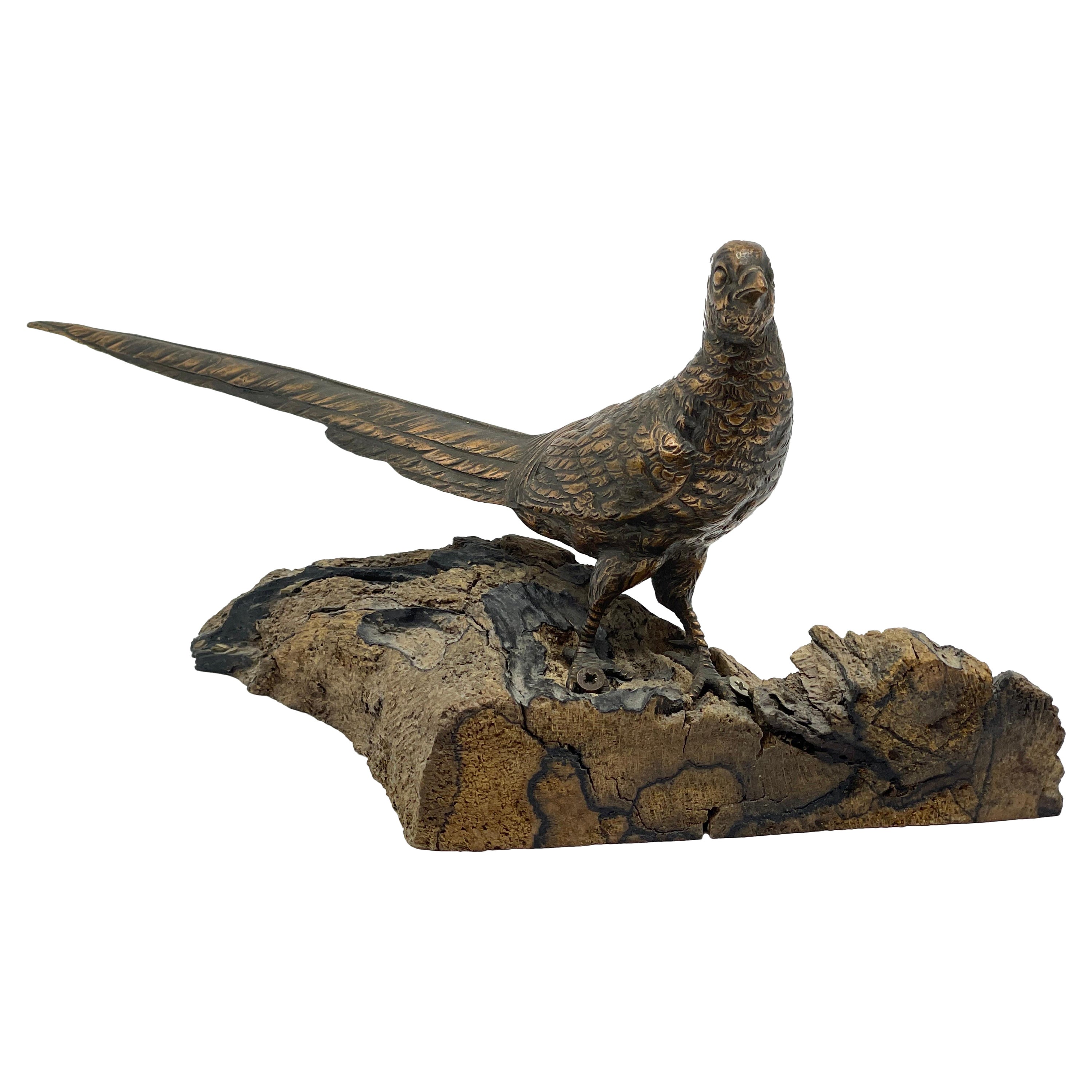 Antique Bird Bronze Sculpture / Figure sitting on wood pine- / fir wood For Sale
