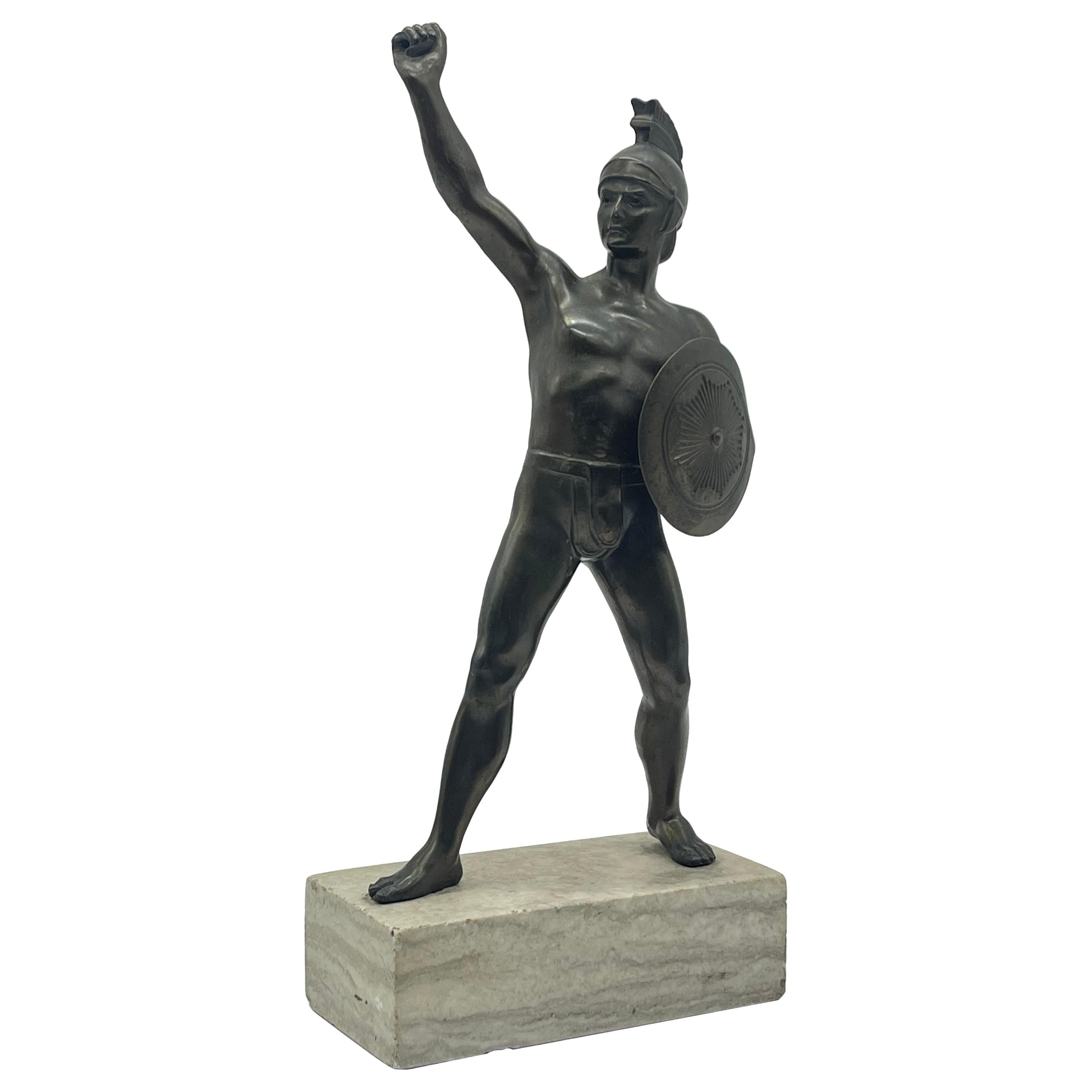 Athletic bronze Warrior sculpture on marble base Greek figure with shield For Sale