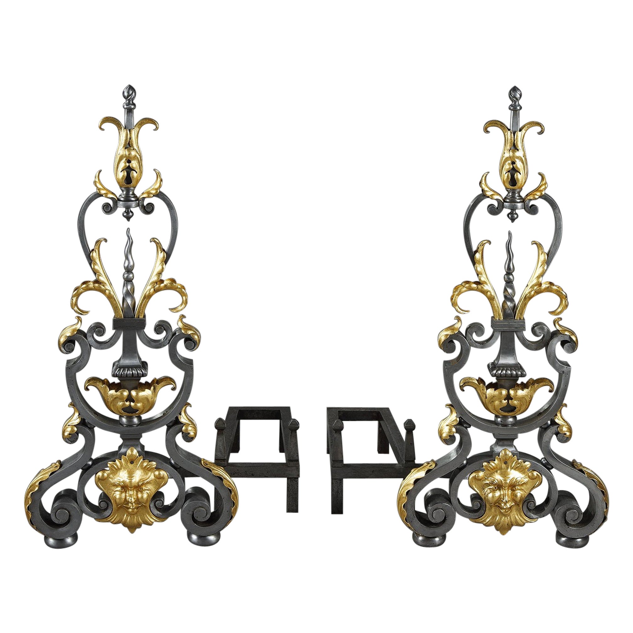 Pair of wrought iron landiers (andirons), late 19th century For Sale