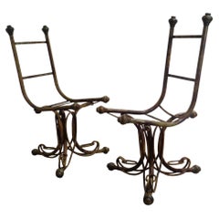  Pair Tortoise Painted Faux Bamboo Iron and Bronze Chairs, Circa 1960