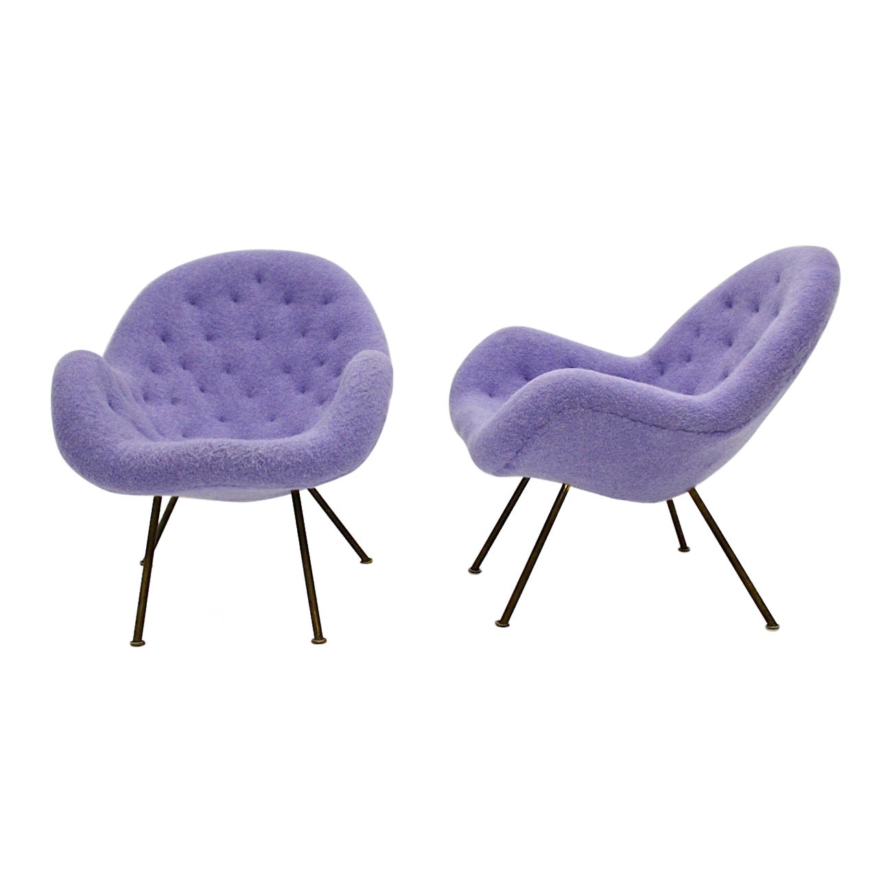 Mid Century Modern Vintage Soft Pastel Lilac Brass Lounge Chairs Pair Duo 1950s  For Sale
