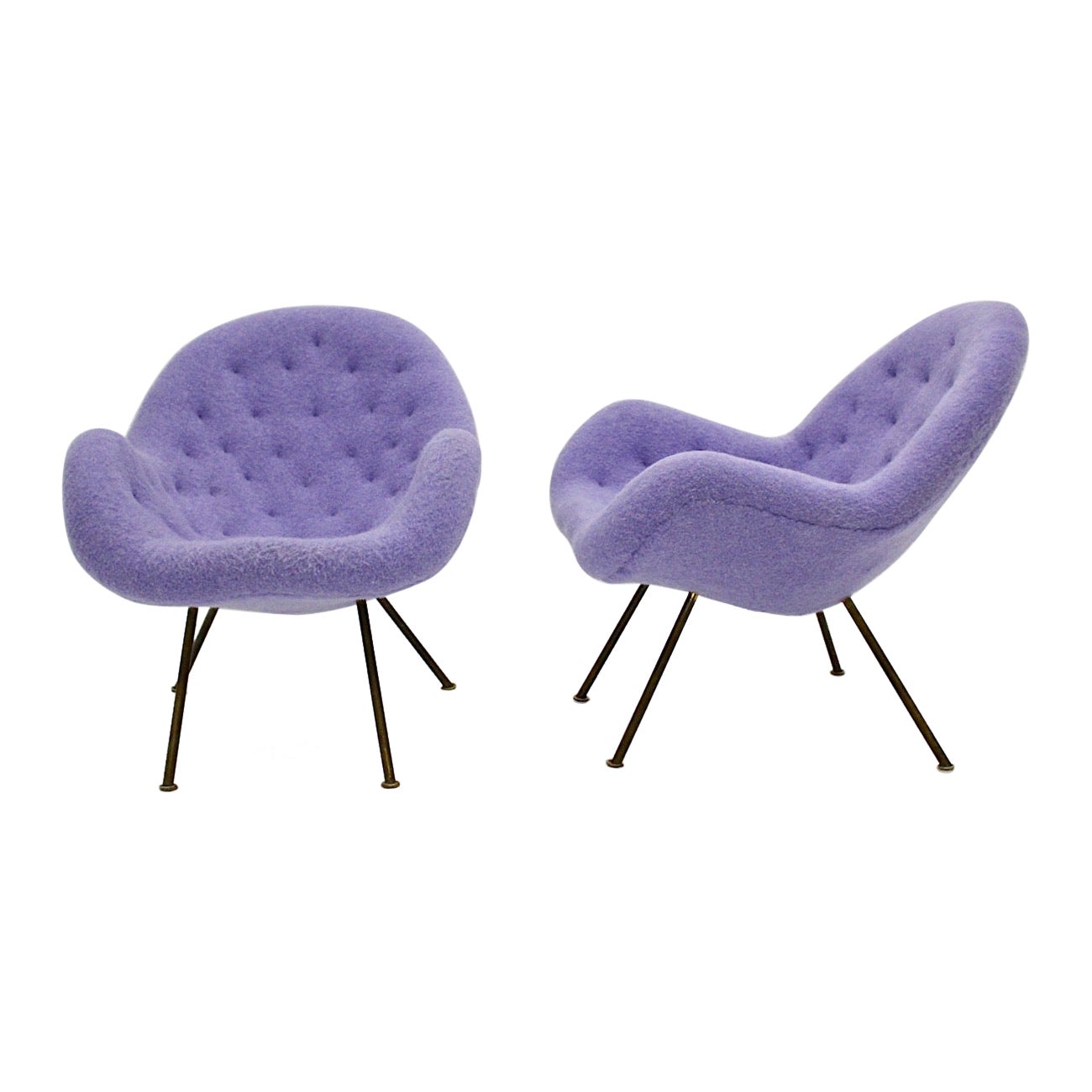 Mid Century Modern Vintage Soft Pastel Lilac Brass Lounge Chairs Pair Duo 1950s