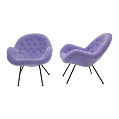 Mid Century Modern Vintage Soft Pastel Lilac Brass Lounge Chair Pair Duo 1950s