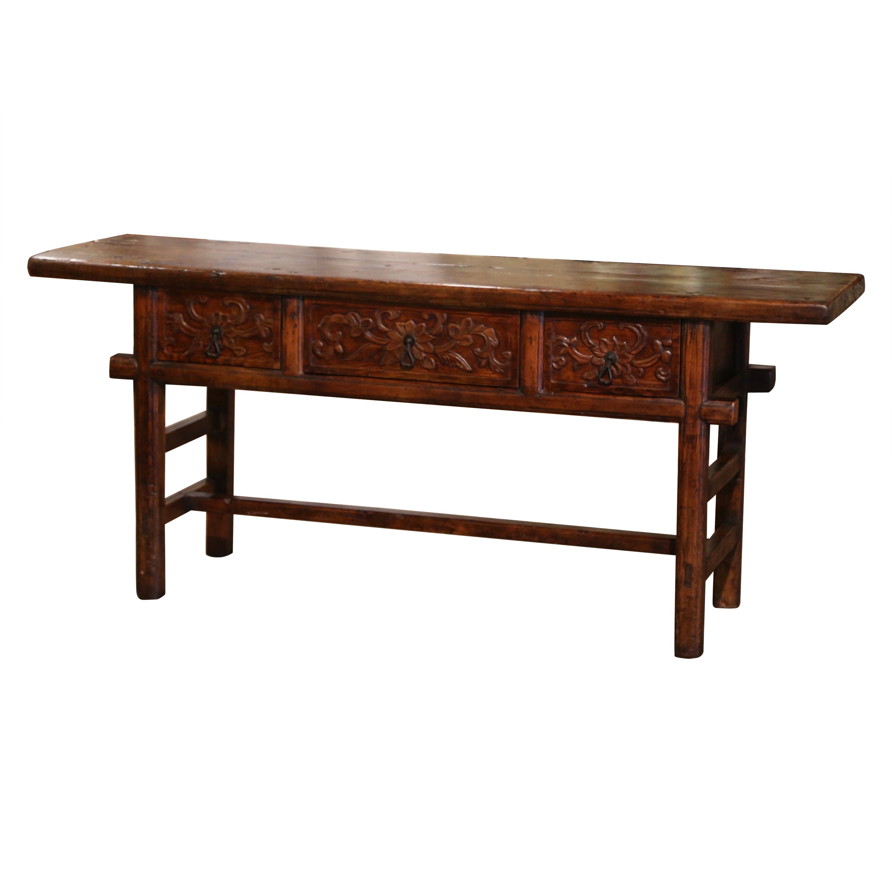 Mid Century Spanish Baroque Carved Pine & Oak Three-Drawer Console Table For Sale