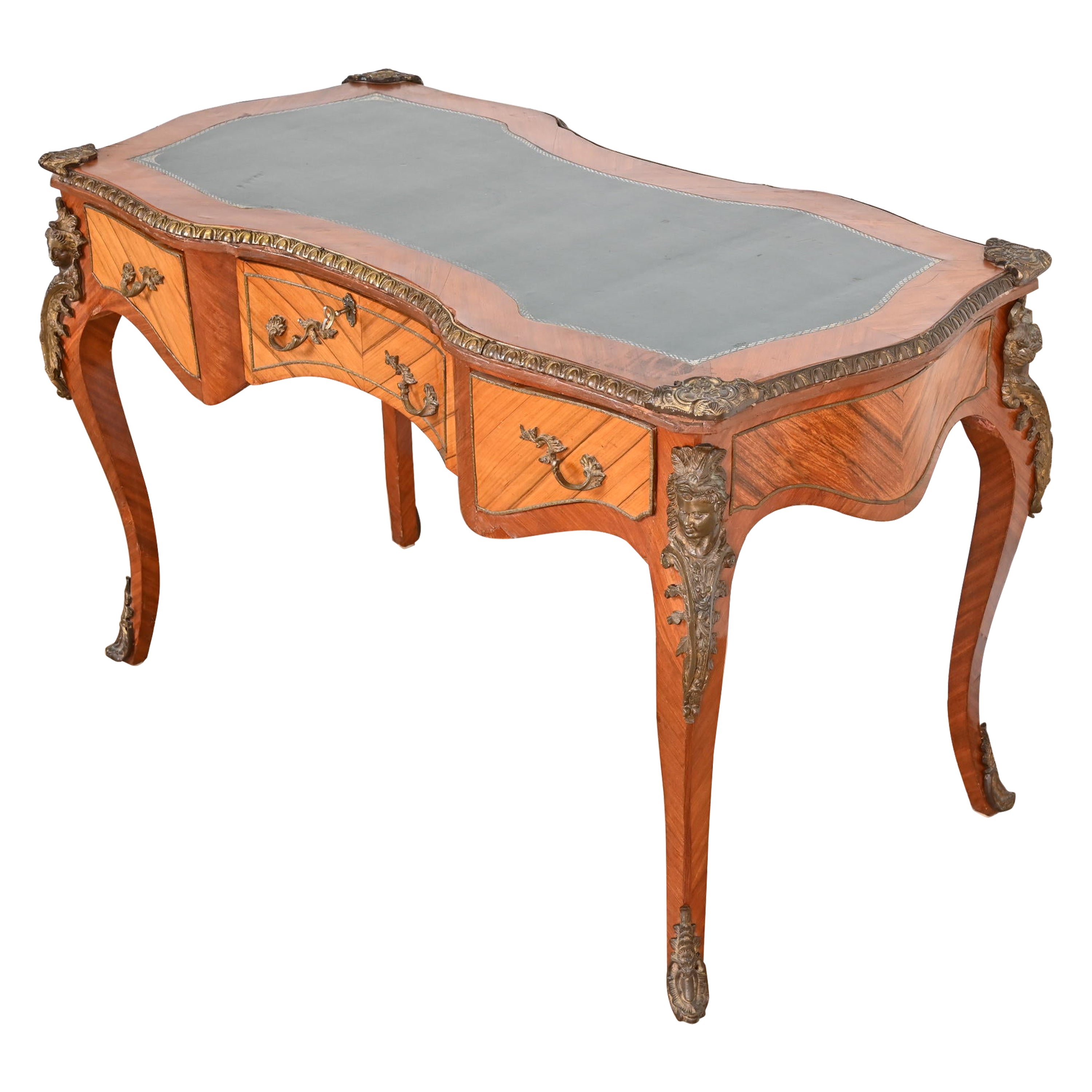 French Louis XV Kingwood Bureau Plat Leather Top Desk With Mounted Bronze Ormolu