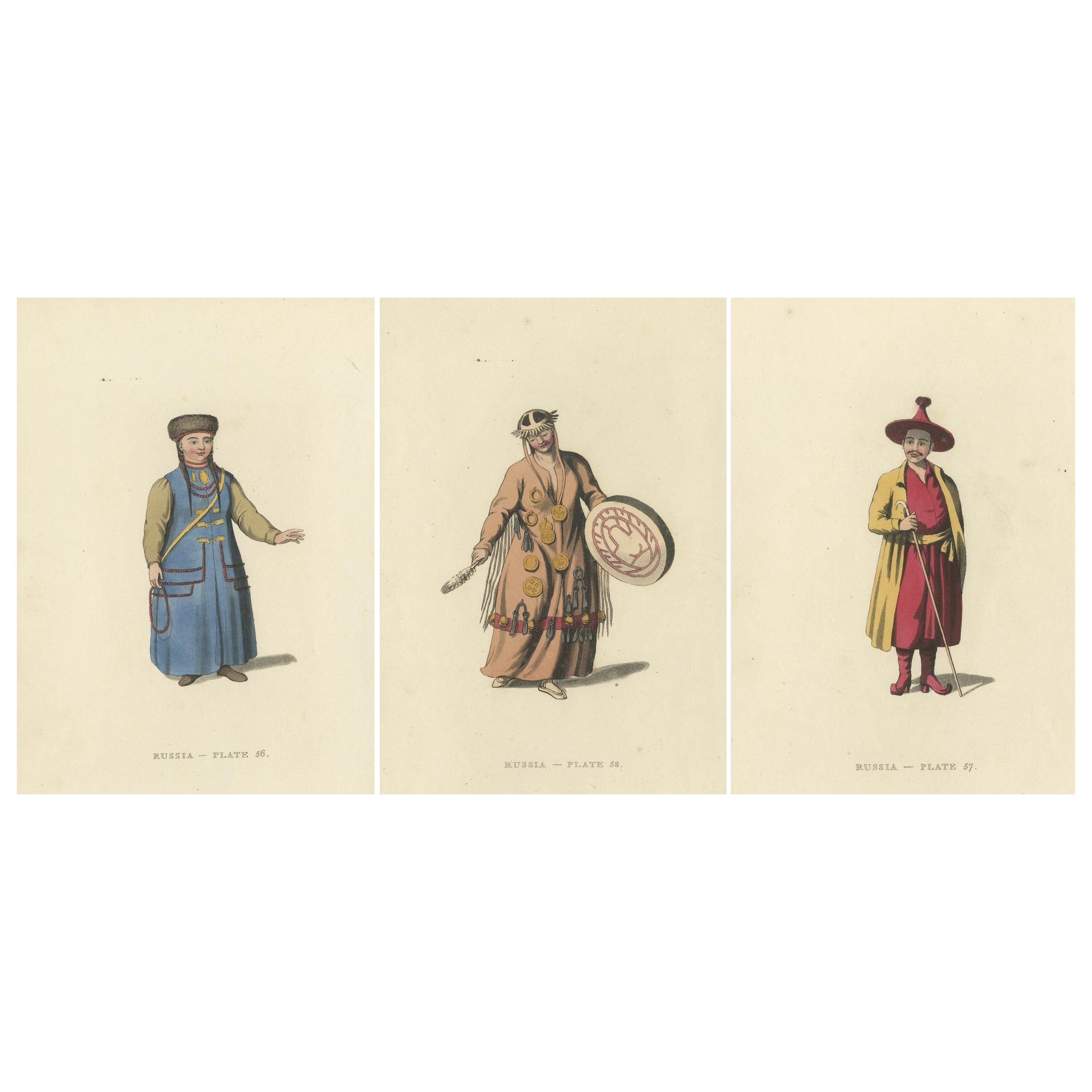Traditional Mongolian Attire in Alexander's Russian Ethnographic Engraving, 1814 For Sale