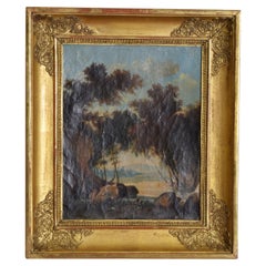 Antique French Late Neoclassic Oil on Canvas, “Cascade on a Woodland River”, ca. 1835