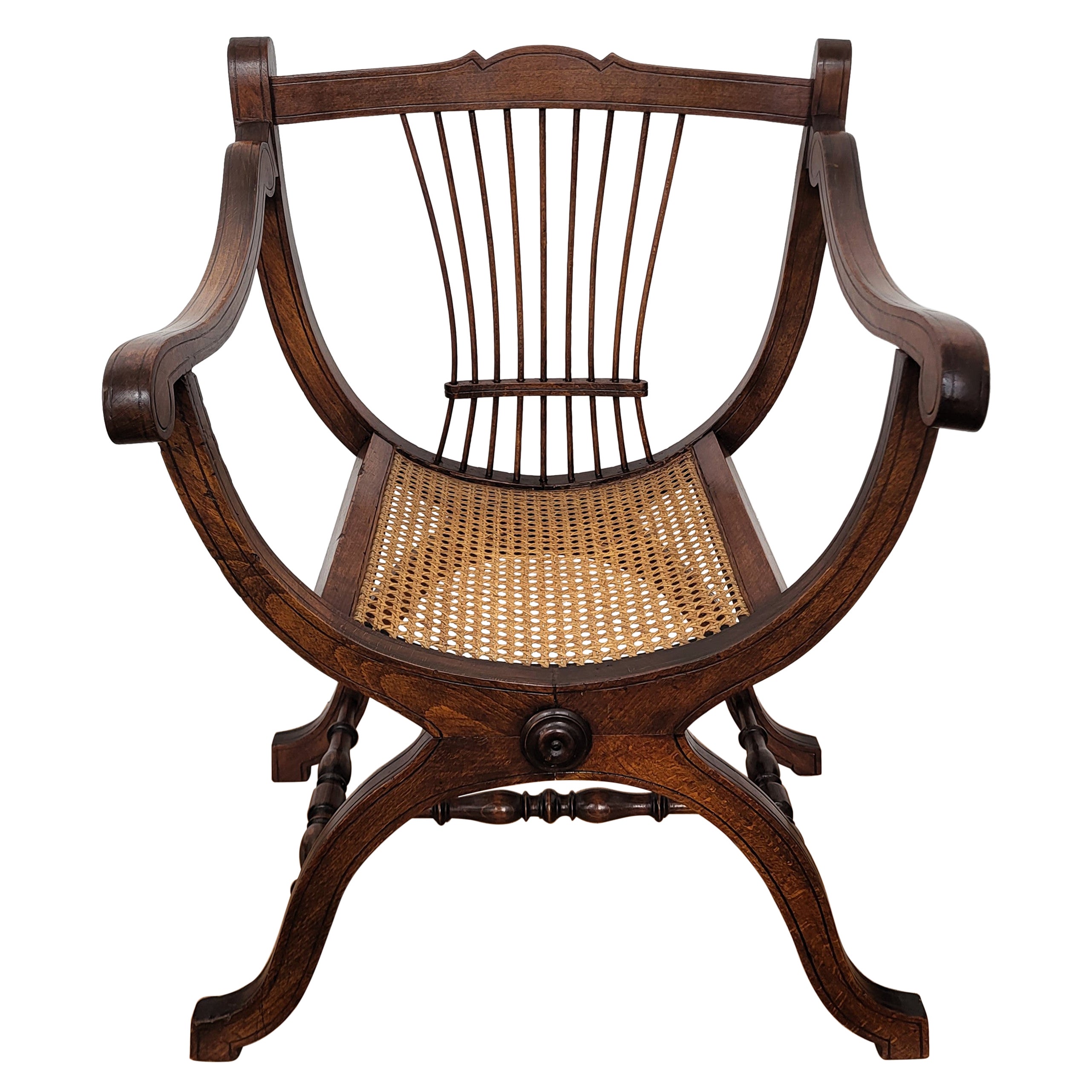 Italian Wooden Carved Caned Back Slatted Savonarola Design Arm Chairs For Sale